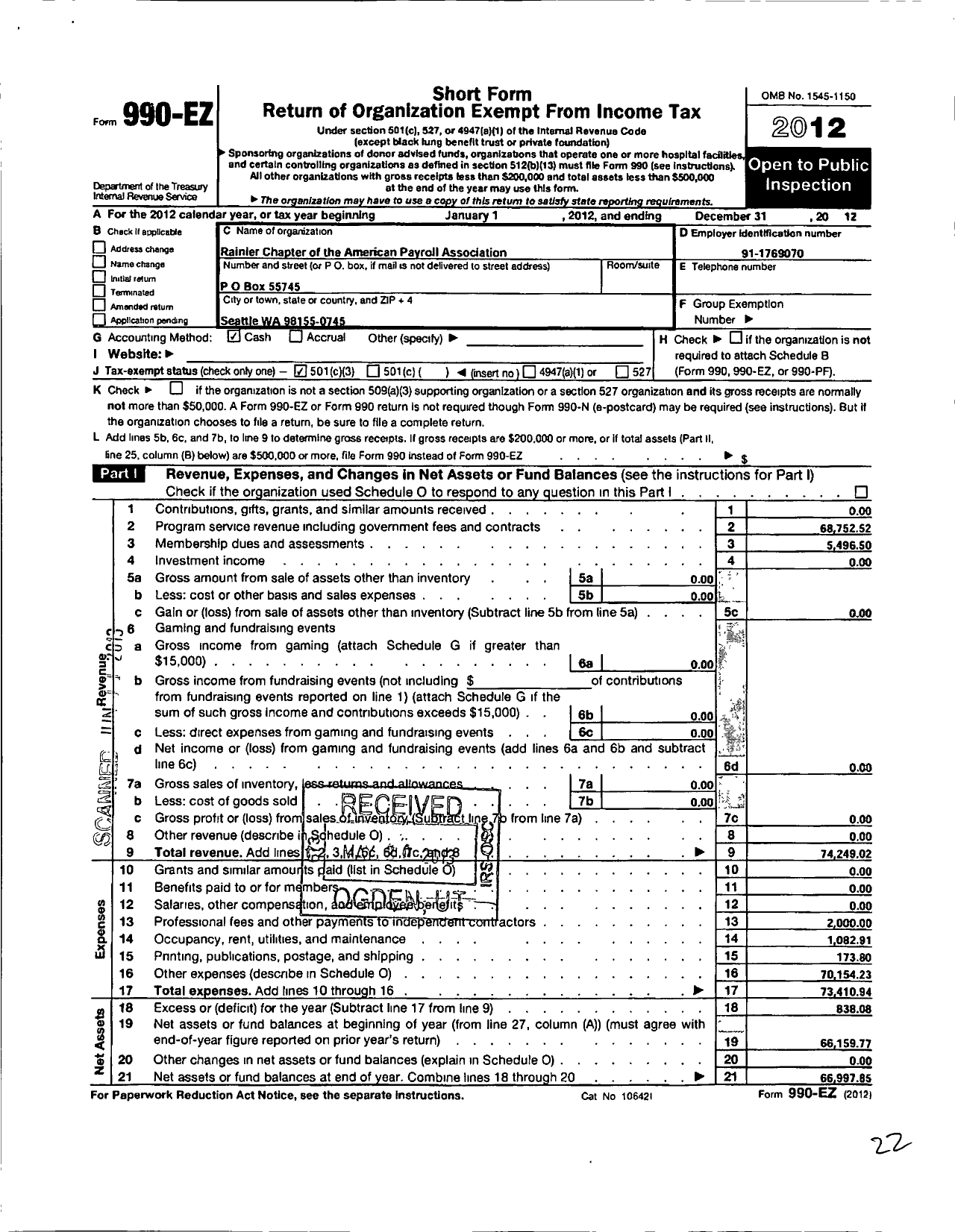 Image of first page of 2012 Form 990EZ for Rainier Chapter of the American Payroll Association