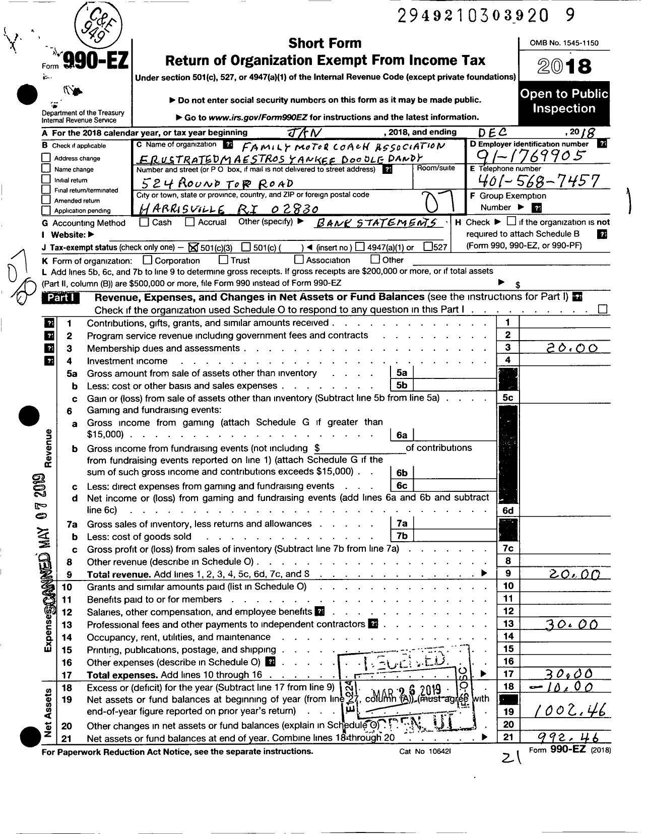 Image of first page of 2018 Form 990EO for Family Motor Coach Association / Frustrated Maestros-Ne Yankee Doodl