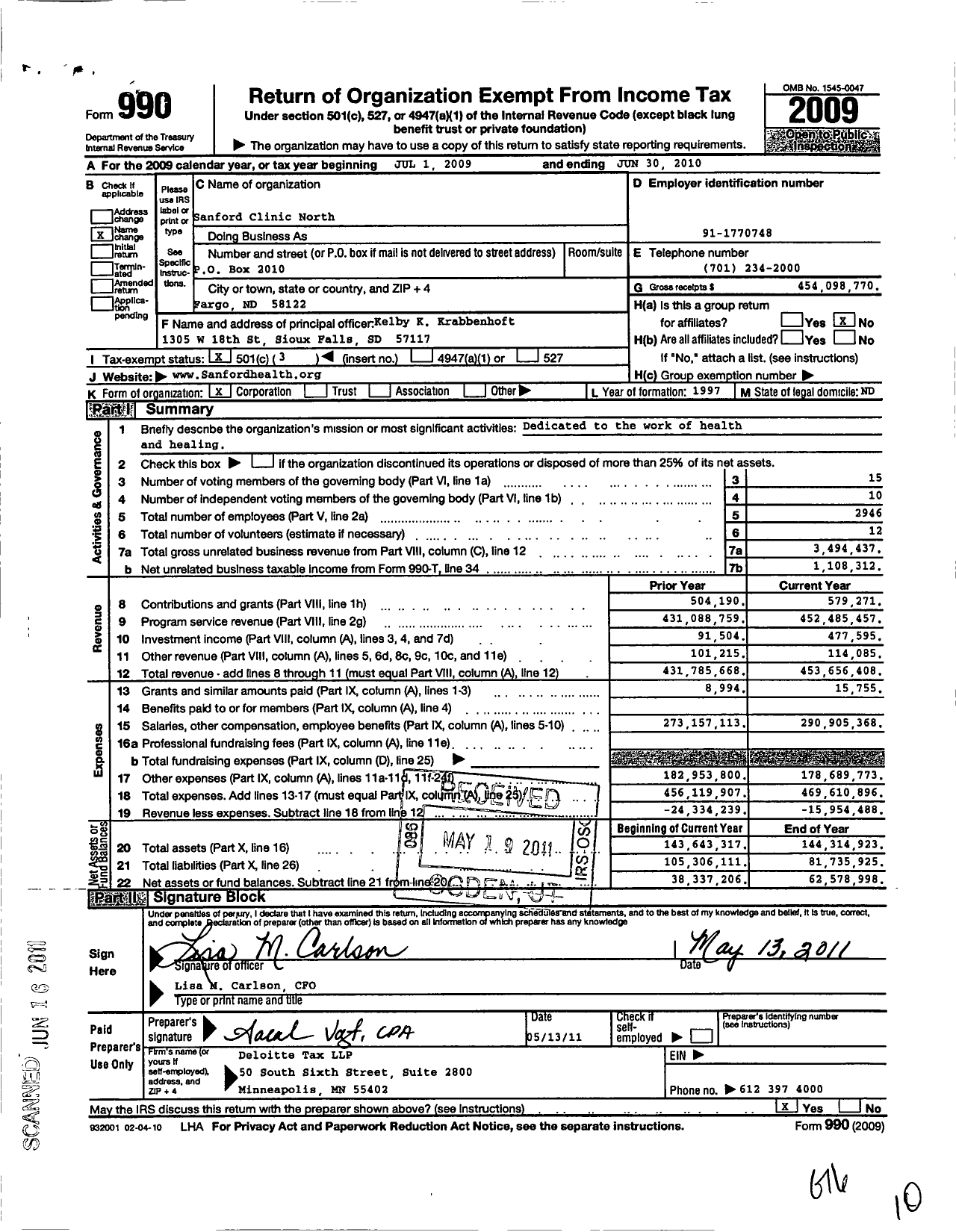Image of first page of 2009 Form 990 for Sanford Clinic North