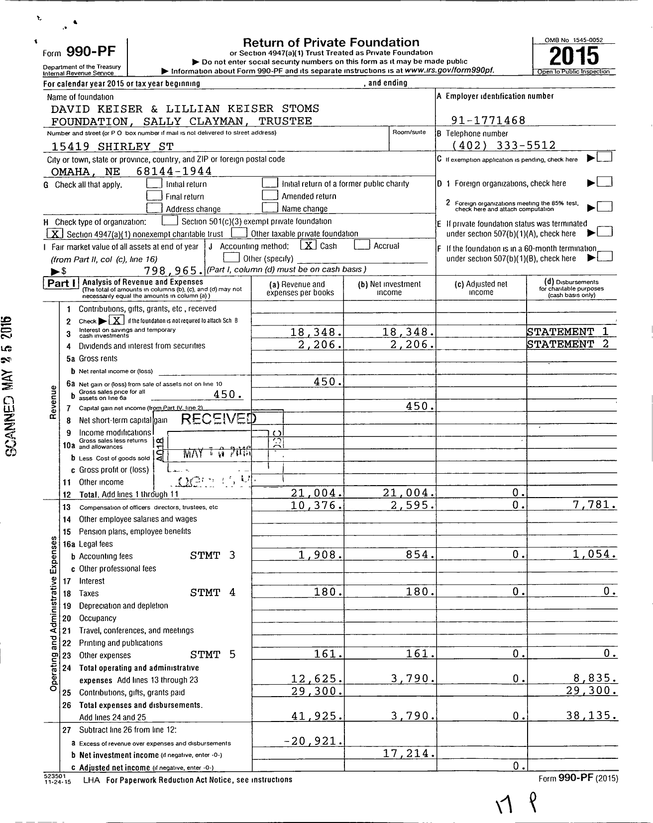 Image of first page of 2015 Form 990PF for David Keiser and Lillian Keiser Stoms Foundation Sally Clayman Trustee