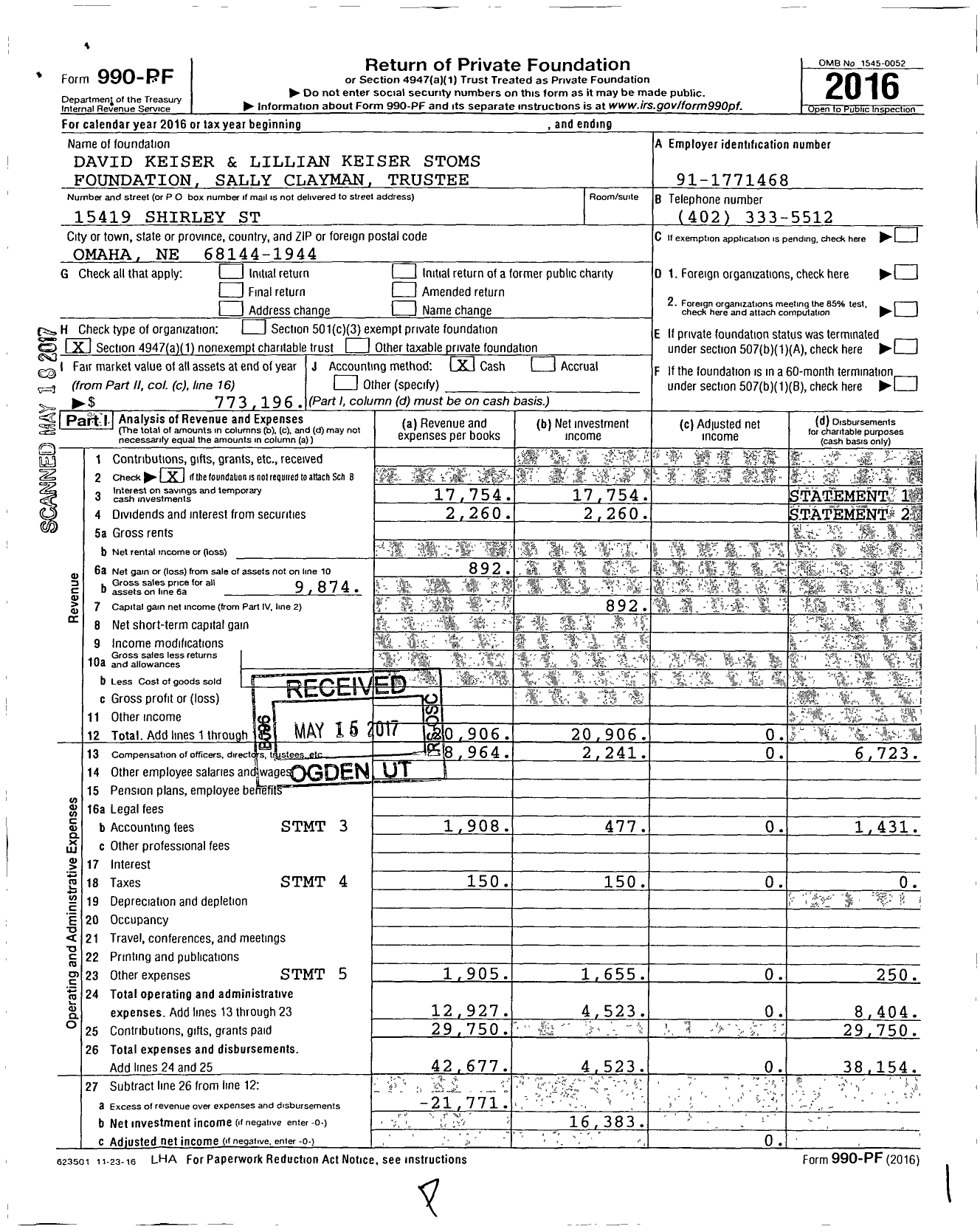 Image of first page of 2016 Form 990PF for David Keiser and Lillian Keiser Stoms Foundation Sally Clayman Trustee