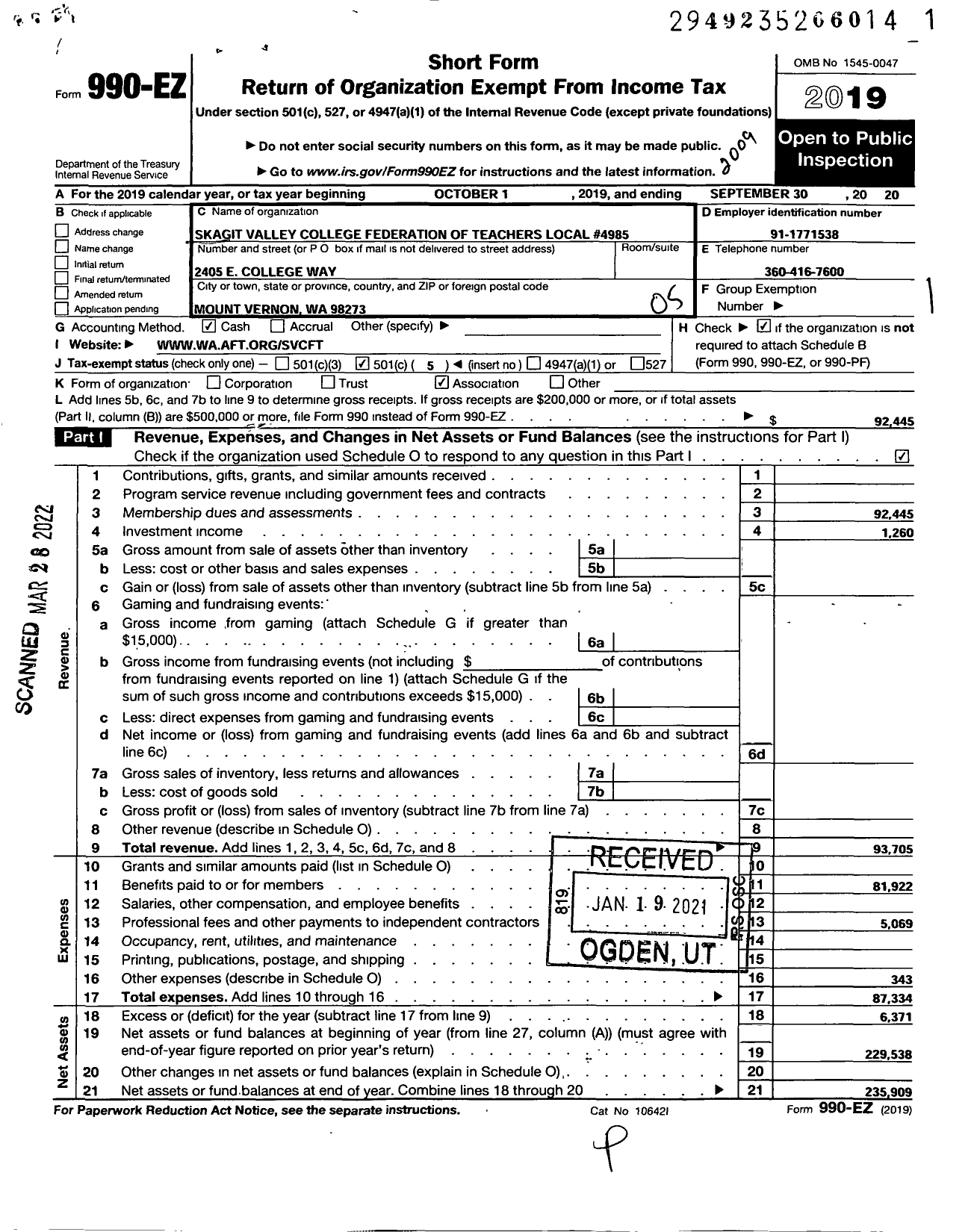 Image of first page of 2019 Form 990EO for American Federation of Teachers - 4985 Skagit Valley College Federati