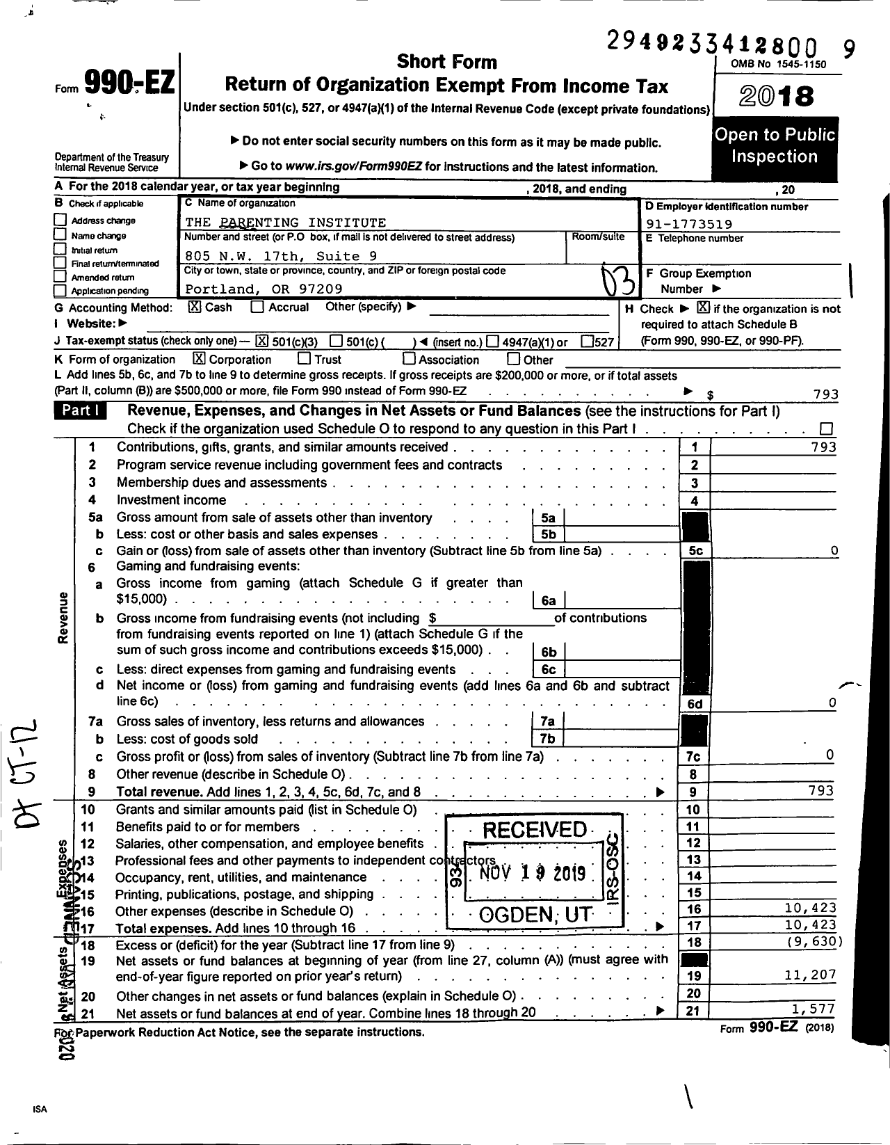 Image of first page of 2018 Form 990EZ for The Parenting Institute