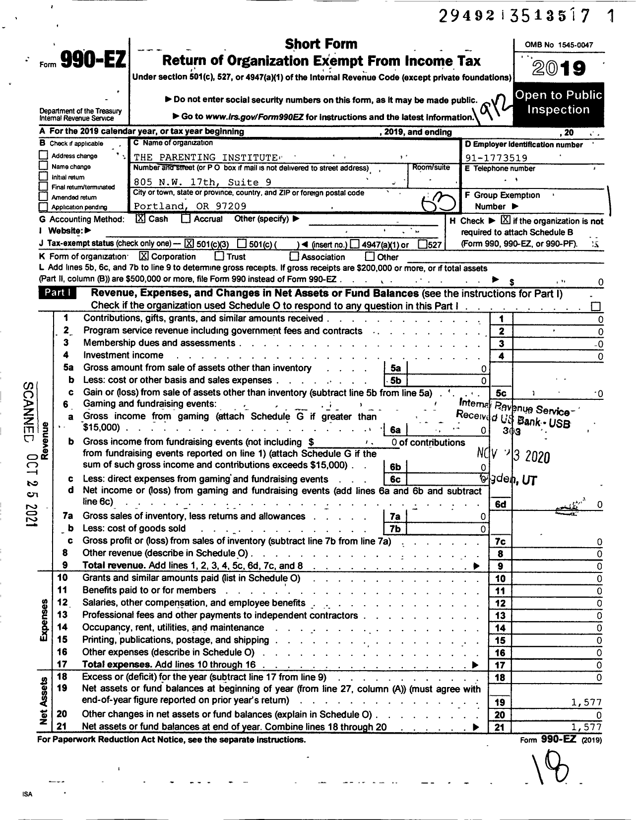 Image of first page of 2019 Form 990EZ for The Parenting Institute