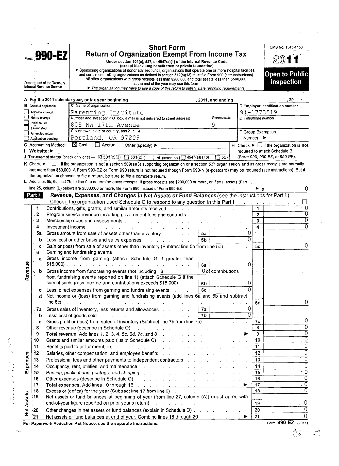 Image of first page of 2011 Form 990EZ for The Parenting Institute