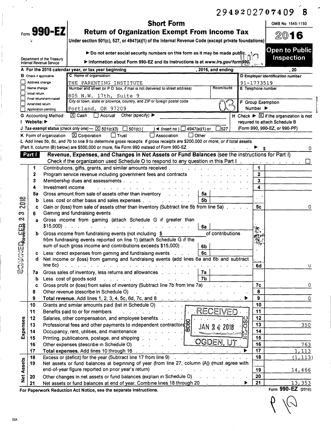 Image of first page of 2016 Form 990EZ for The Parenting Institute