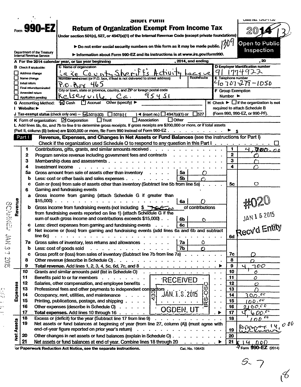 Image of first page of 2012 Form 990EZ for Lake County Sheriffs Activities League