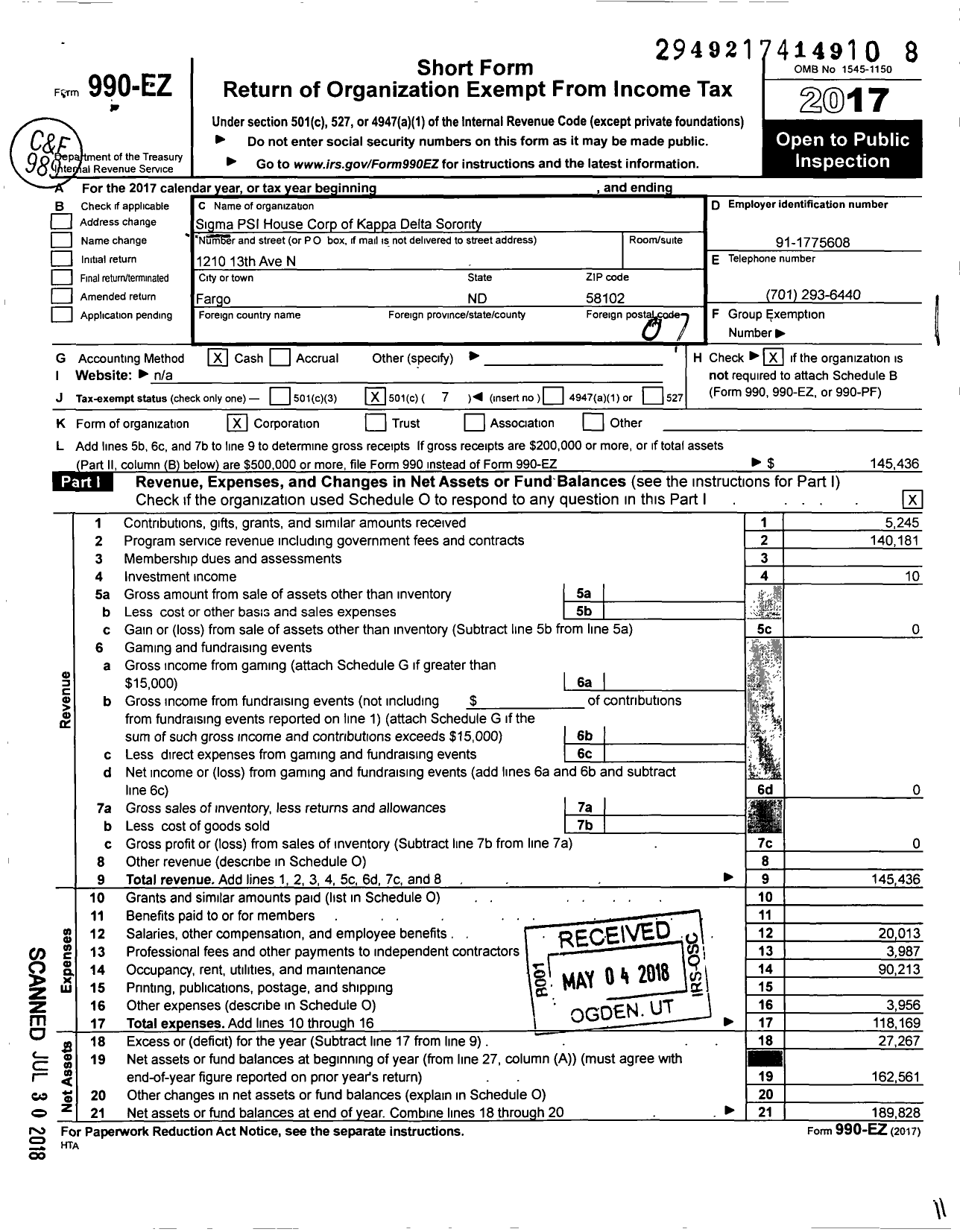 Image of first page of 2017 Form 990EO for Sigma PSI House Corp of Kappa Delta Sorority