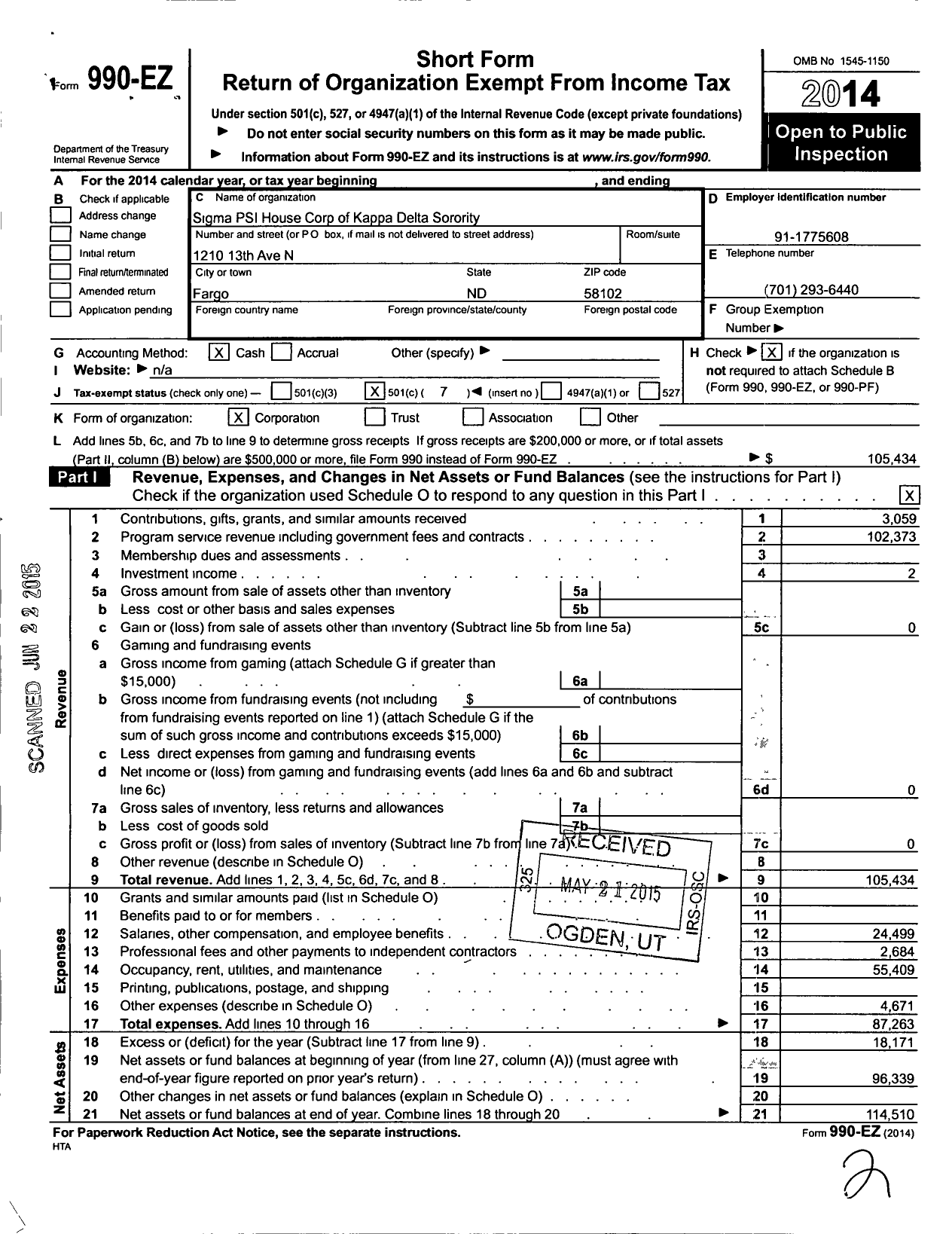 Image of first page of 2014 Form 990EO for Sigma PSI House Corp of Kappa Delta Sorority