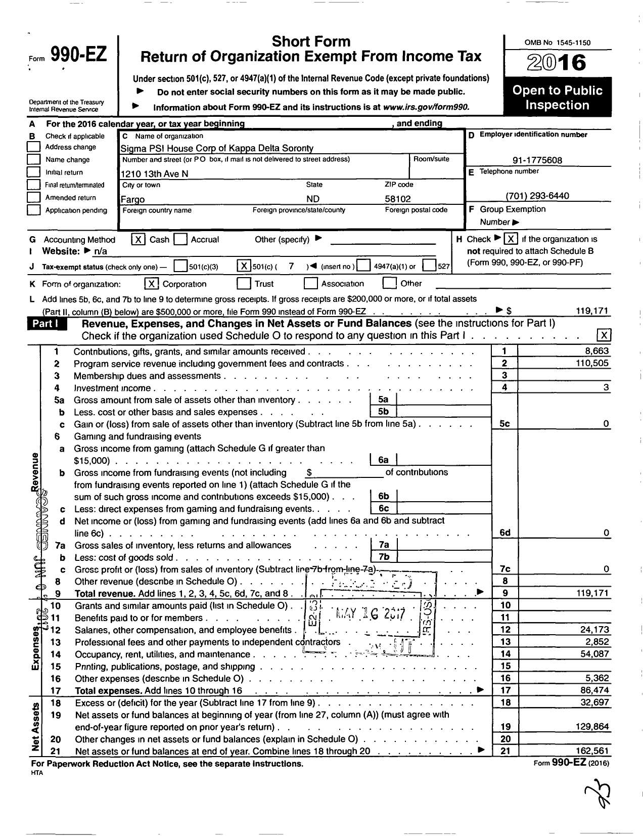 Image of first page of 2016 Form 990EO for Sigma PSI House Corp of Kappa Delta Sorority