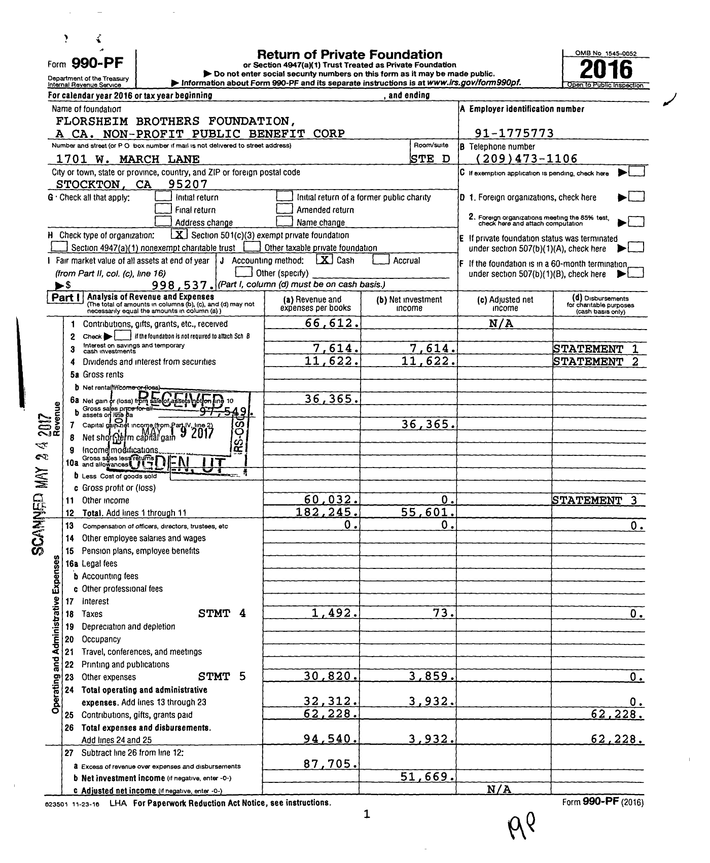Image of first page of 2016 Form 990PF for Florsheim Brothers Foundation A Ca Non-Profit Public Benefit Corporation