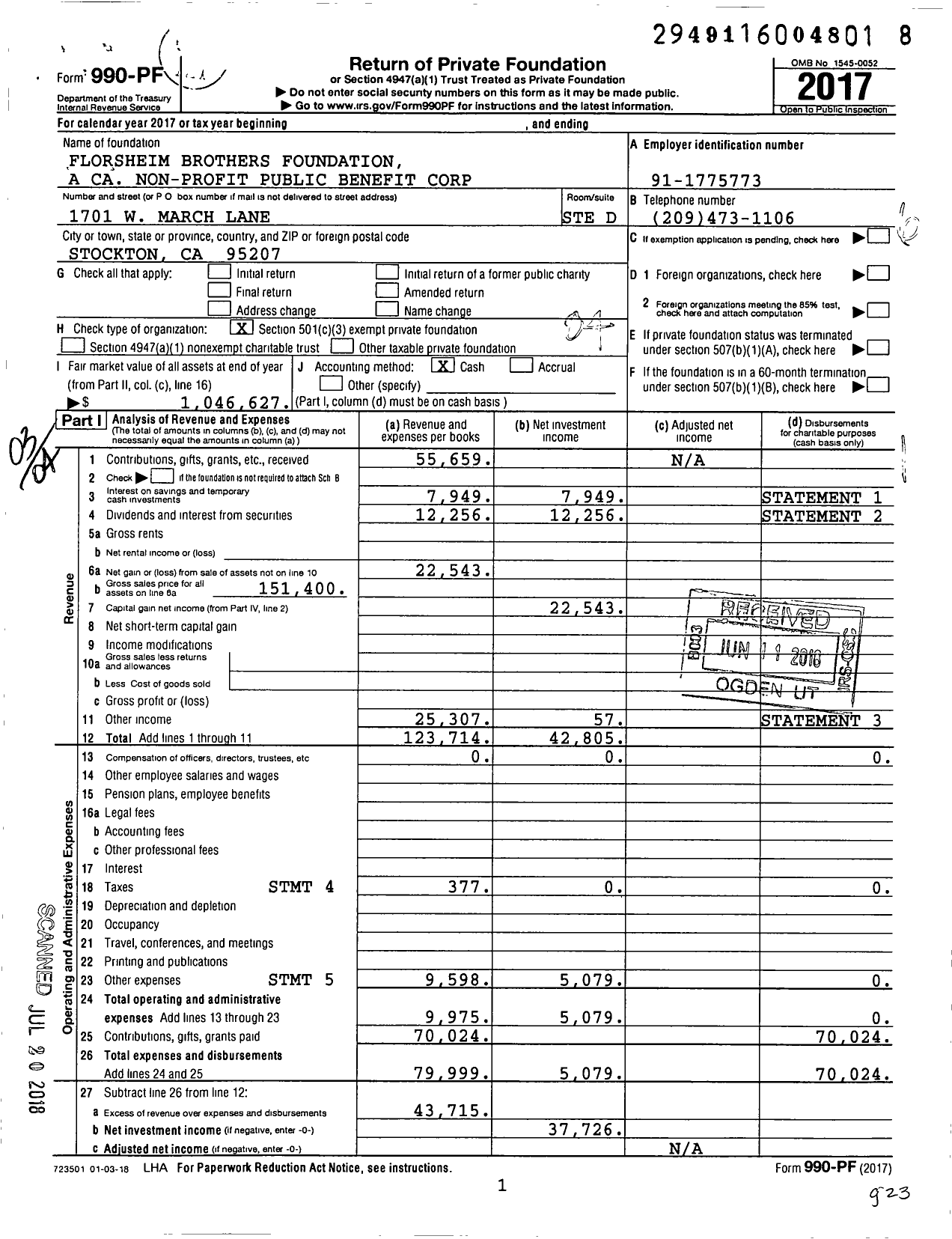 Image of first page of 2017 Form 990PF for Florsheim Brothers Foundation A Ca Non-Profit Public Benefit Corporation