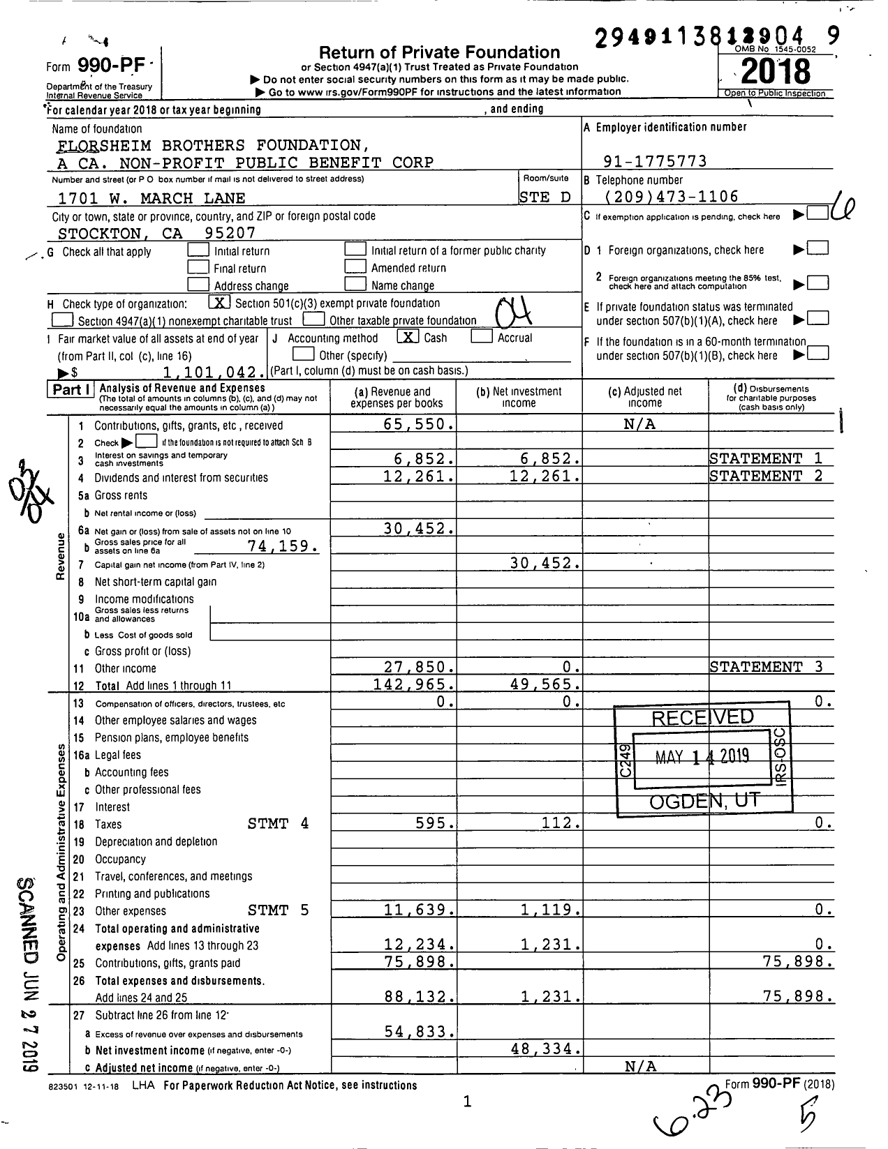 Image of first page of 2018 Form 990PF for Florsheim Brothers Foundation A Ca Non-Profit Public Benefit Corporation