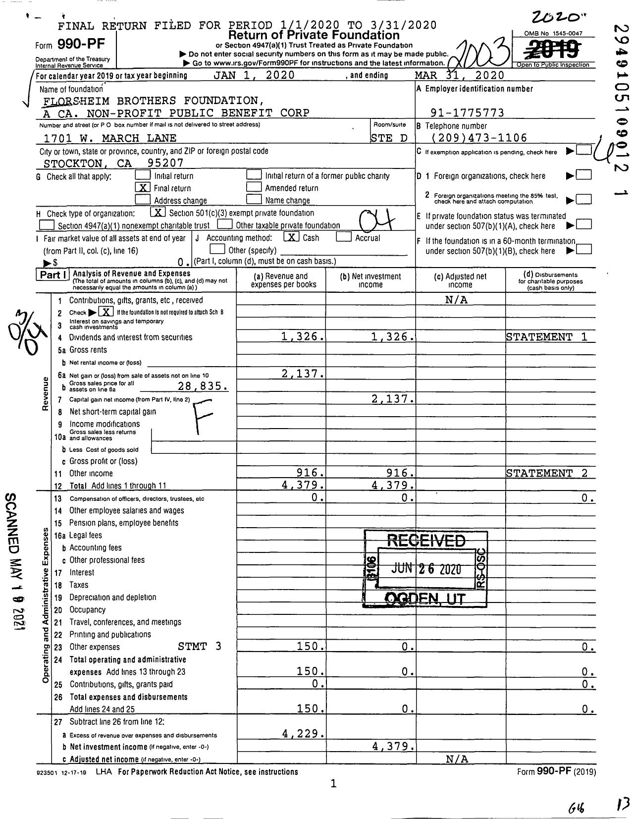 Image of first page of 2019 Form 990PF for Florsheim Brothers Foundation A Ca Non-Profit Public Benefit Corporation