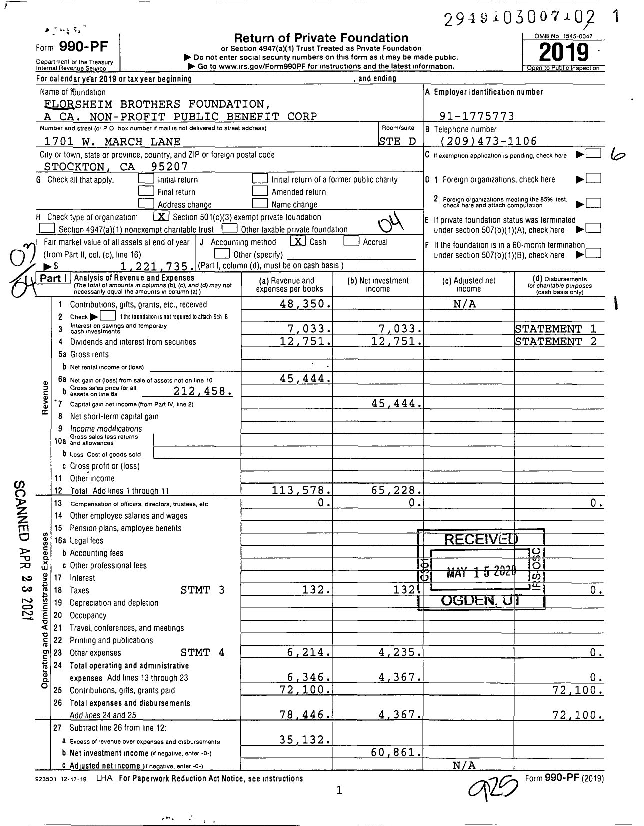 Image of first page of 2019 Form 990PF for Florsheim Brothers Foundation A Ca Non-Profit Public Benefit Corporation