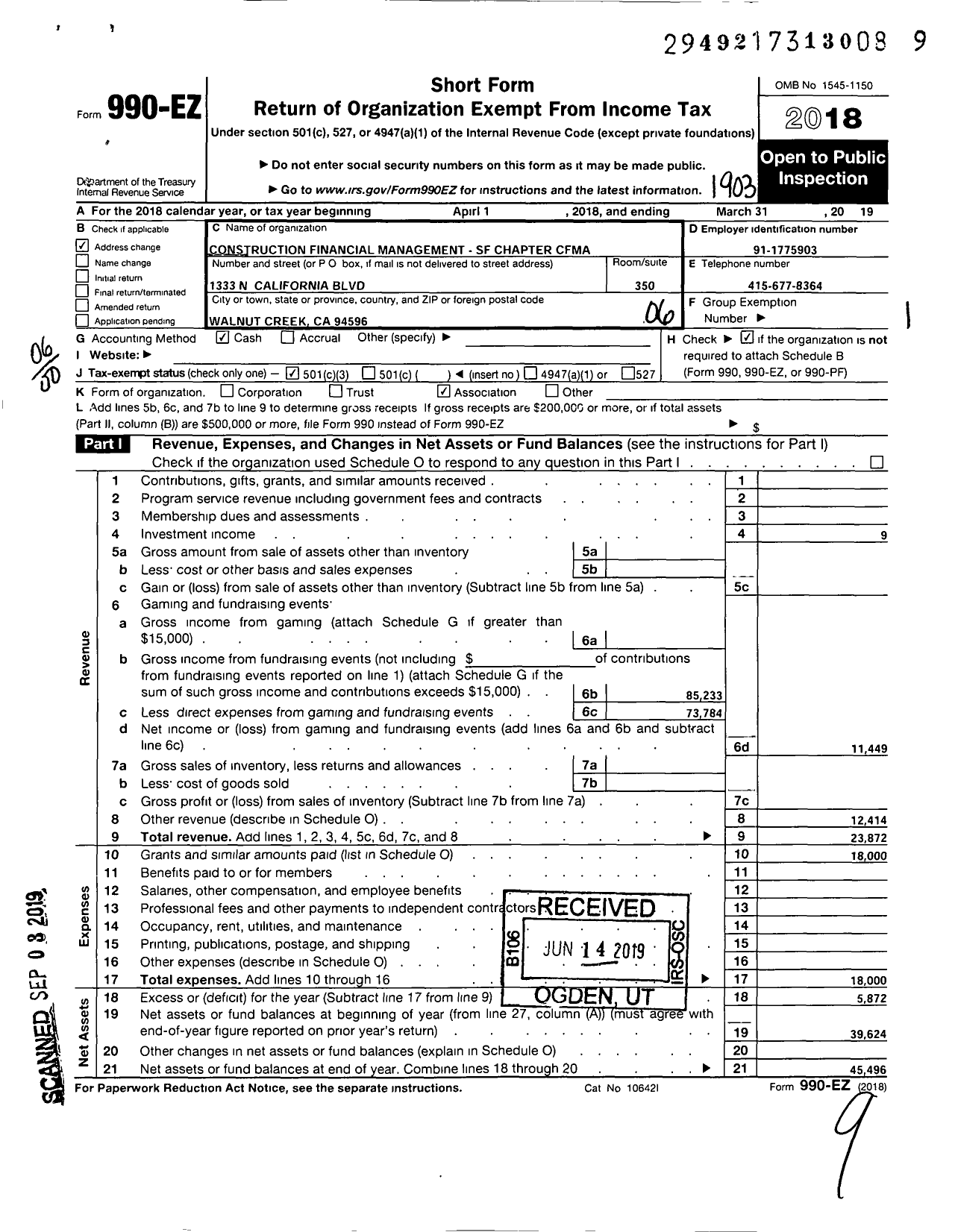 Image of first page of 2018 Form 990EO for Construction Financial Management SF Chapter