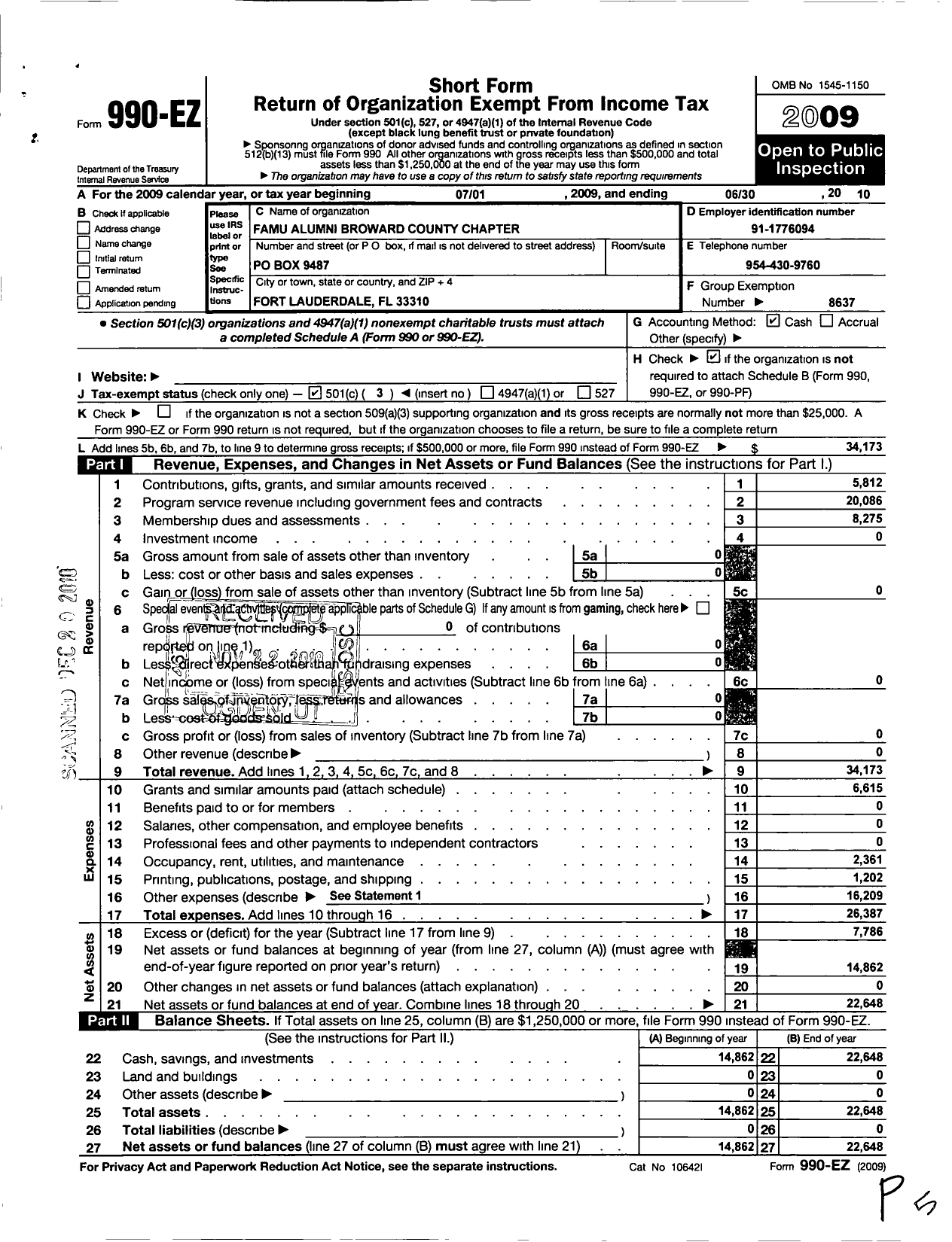 Image of first page of 2009 Form 990EZ for Florida A and M University National Alumni Association / Broward County