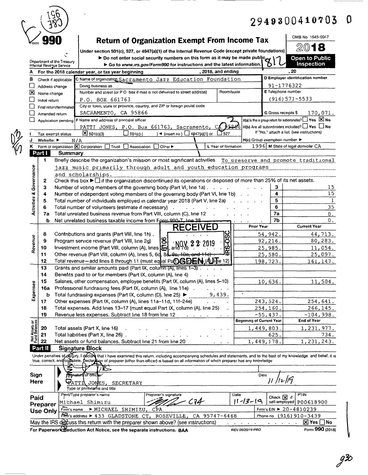 Image of first page of 2018 Form 990 for Sacramento Jazz Education Foundation