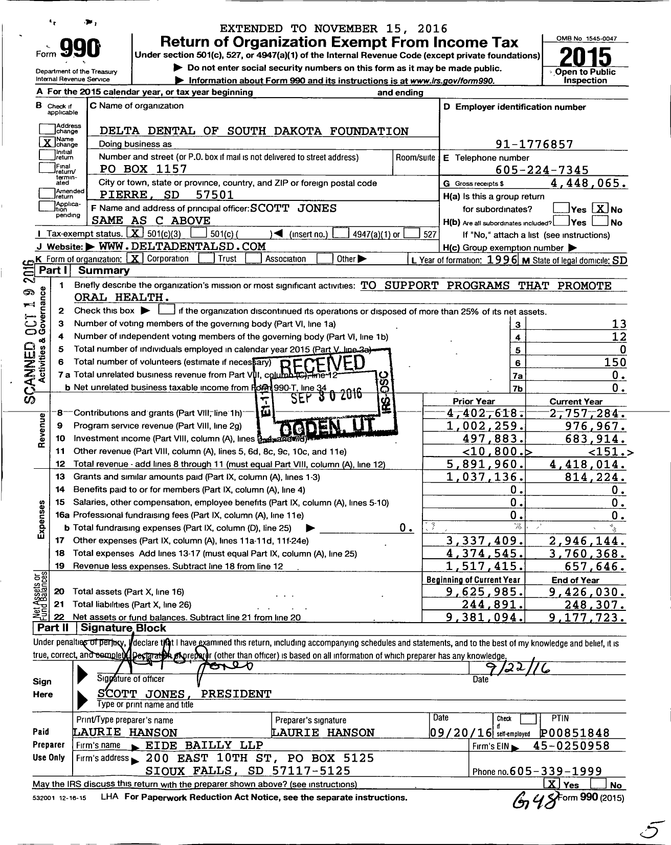 Image of first page of 2015 Form 990 for Delta Dental of South Dakota Foundation