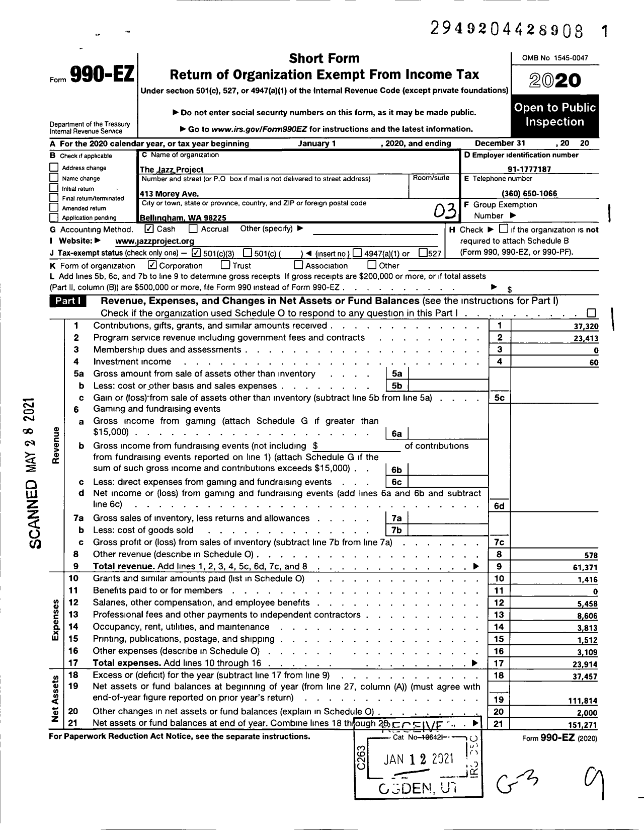 Image of first page of 2020 Form 990EZ for Jazz Project