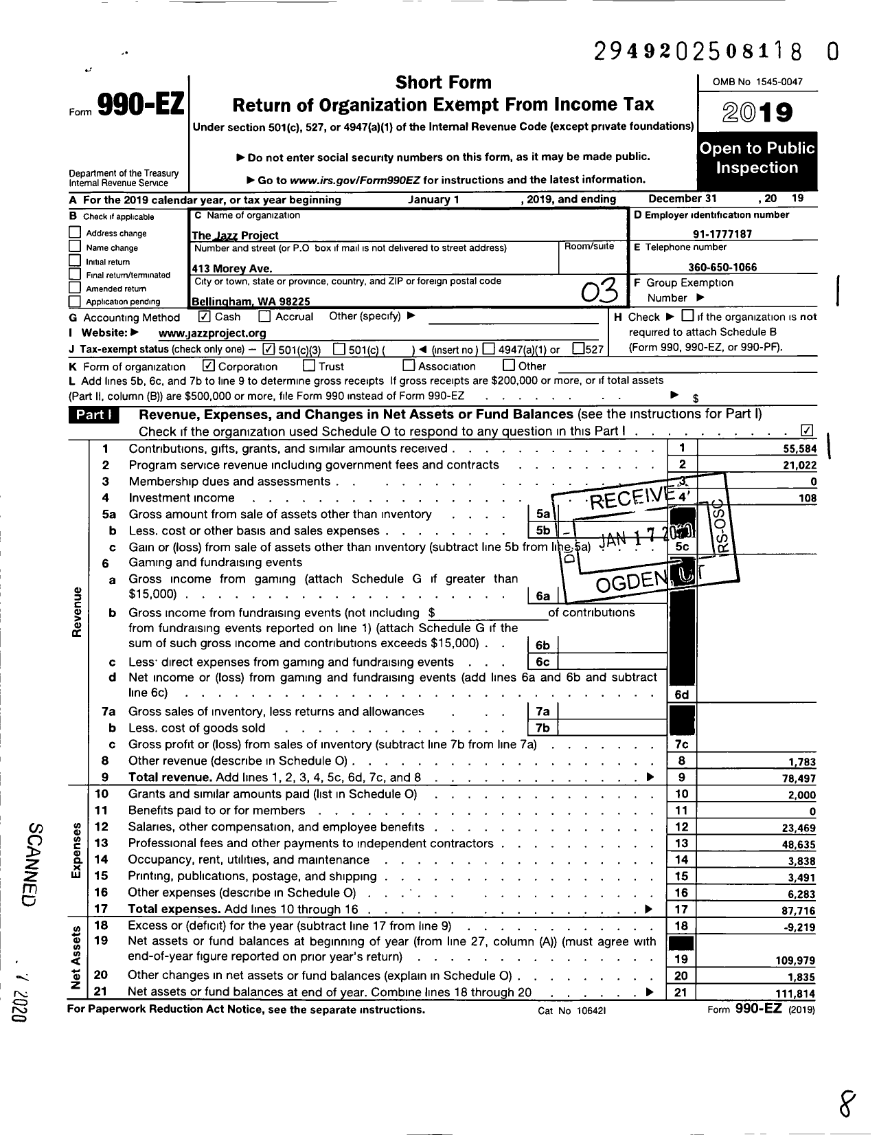 Image of first page of 2019 Form 990EZ for Jazz Project