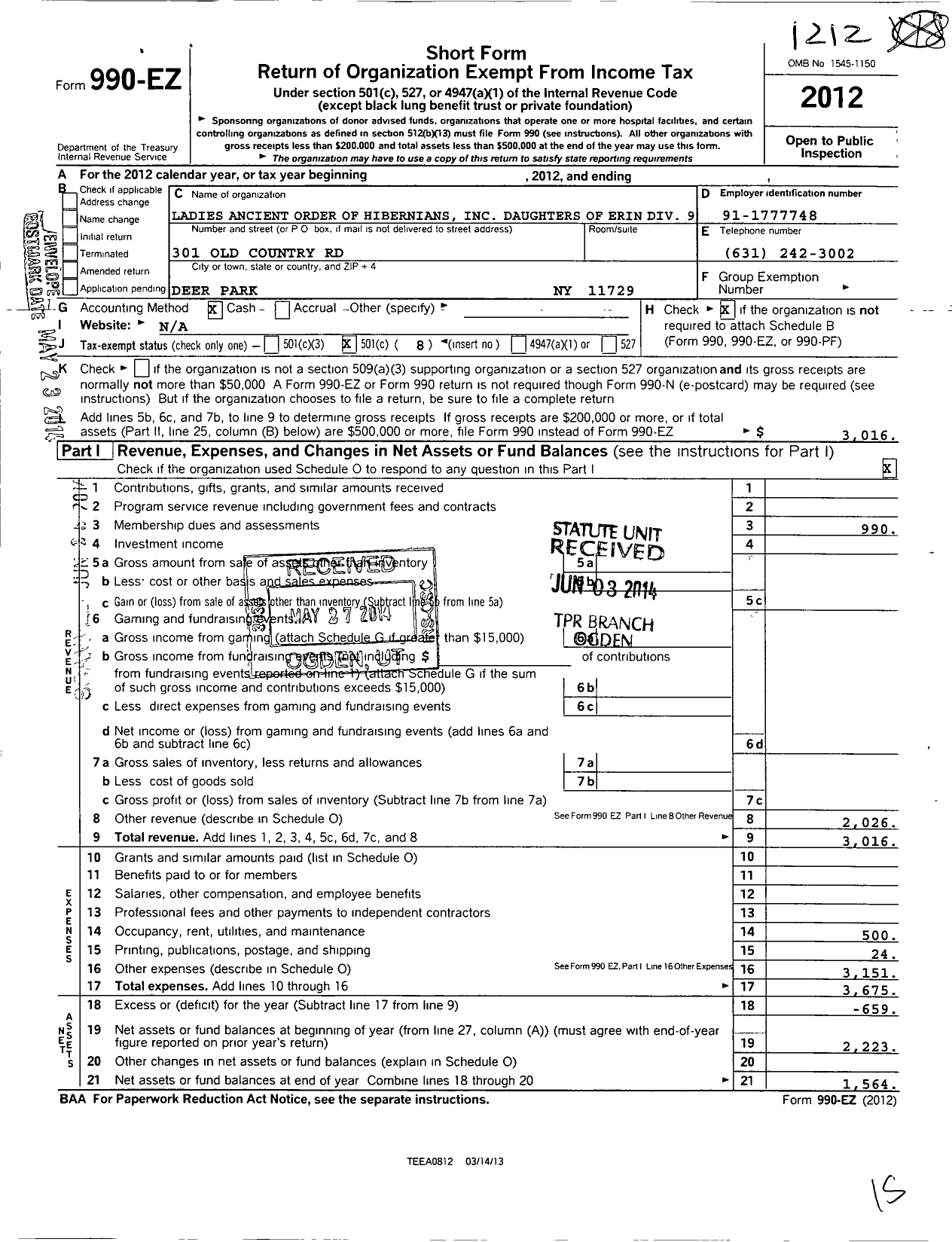 Image of first page of 2012 Form 990EO for Ladies ANCIENT ORDER OF HIBERNIANS