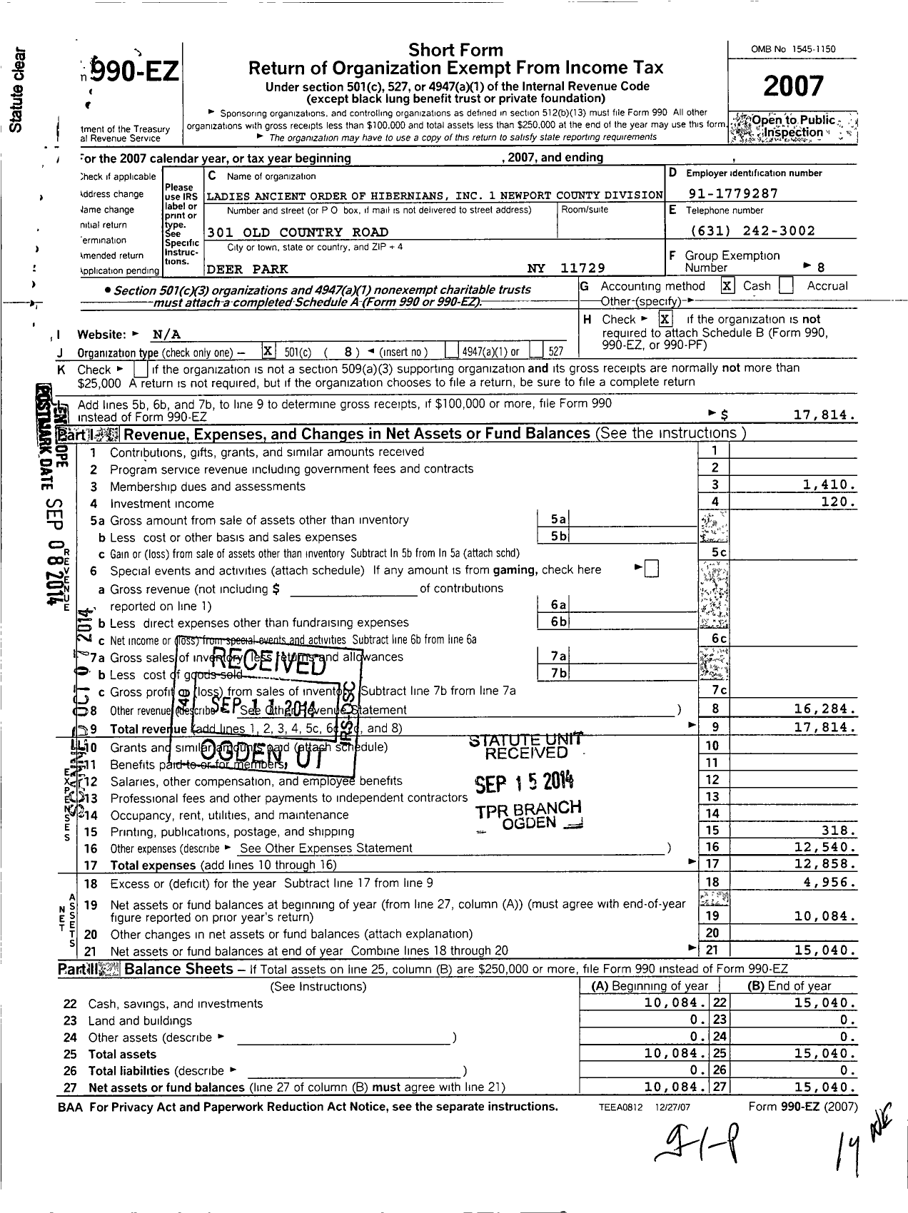 Image of first page of 2007 Form 990EO for Ancient Order of Hibernians Ladies