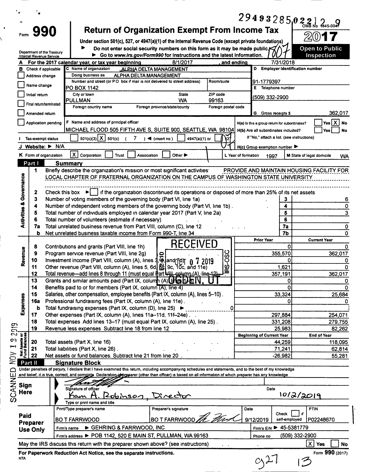 Image of first page of 2017 Form 990O for Alpha Delta Management