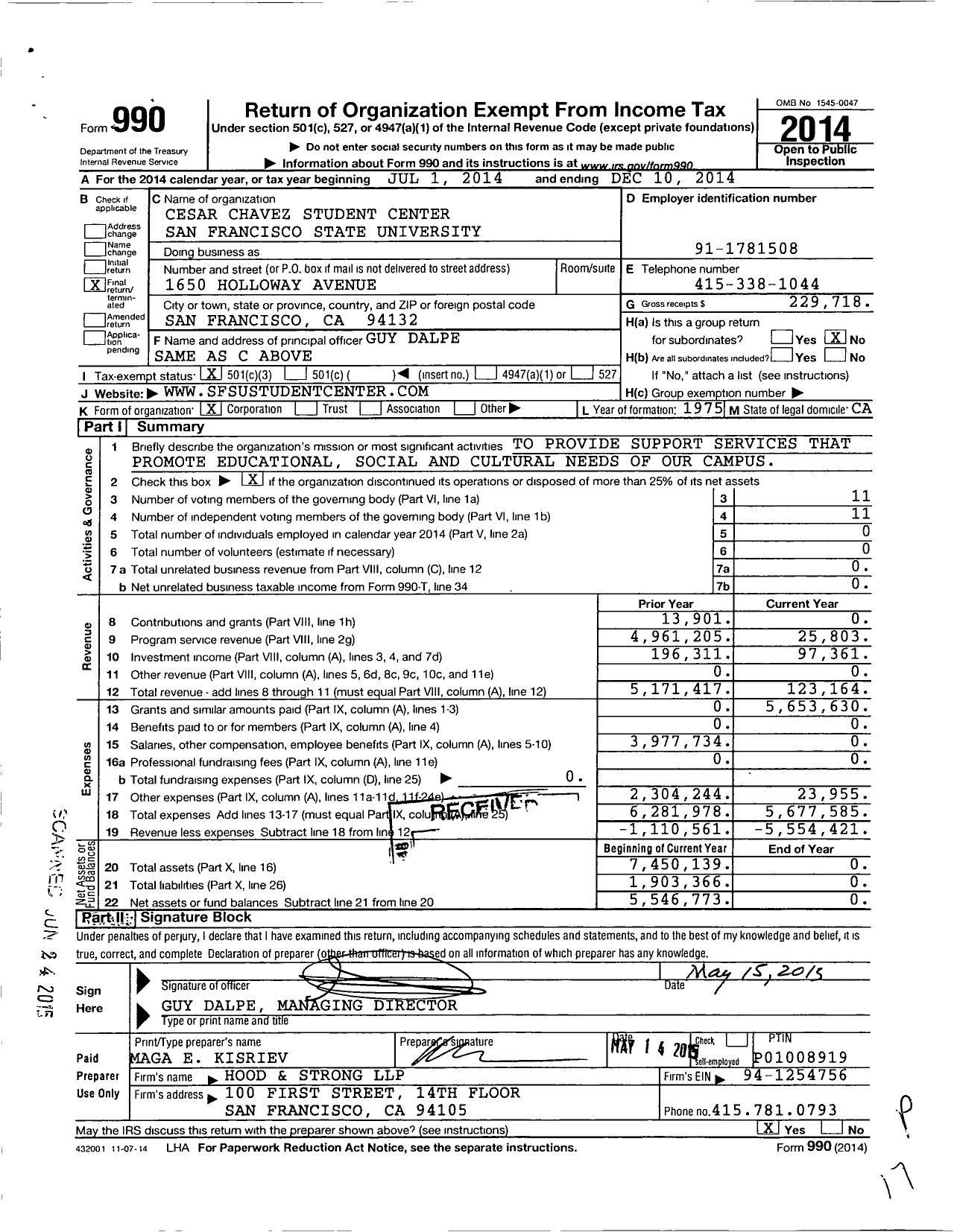 Image of first page of 2014 Form 990 for Cesar Chavez Student Center San Francisco State University