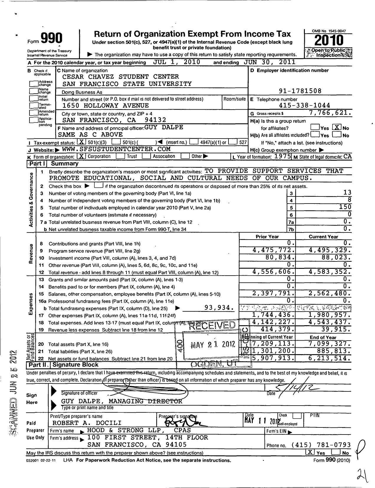 Image of first page of 2010 Form 990 for Cesar Chavez Student Center San Francisco State University