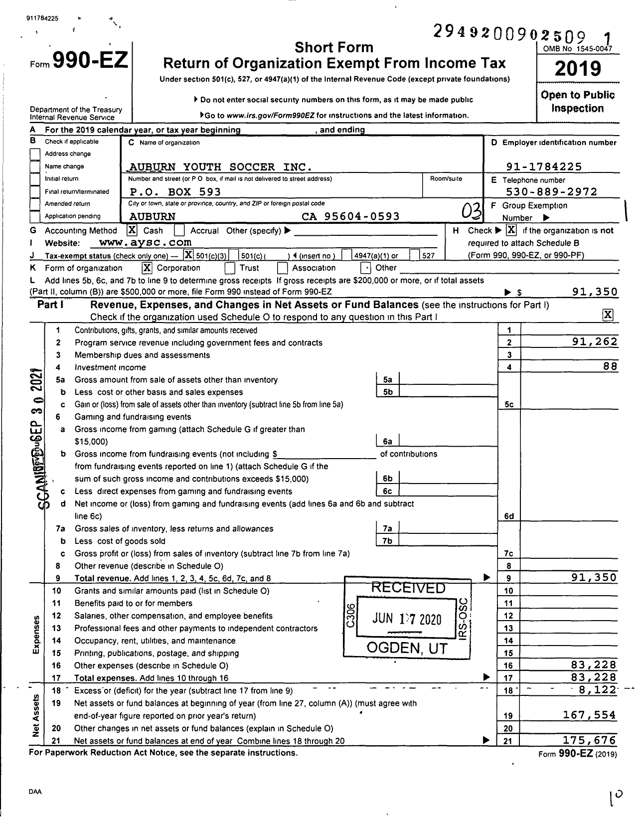 Image of first page of 2019 Form 990EZ for Auburn Youth Soccer