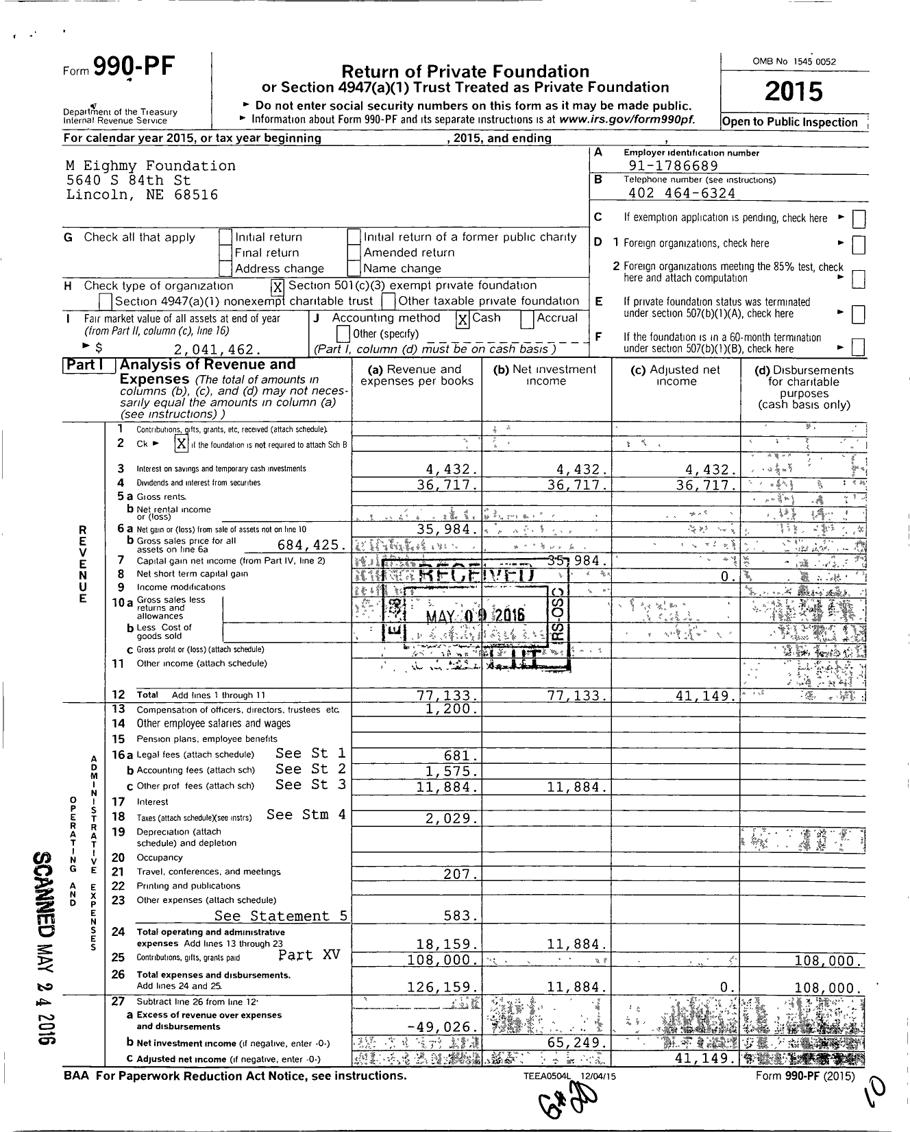 Image of first page of 2015 Form 990PF for M Eighmy Foundation
