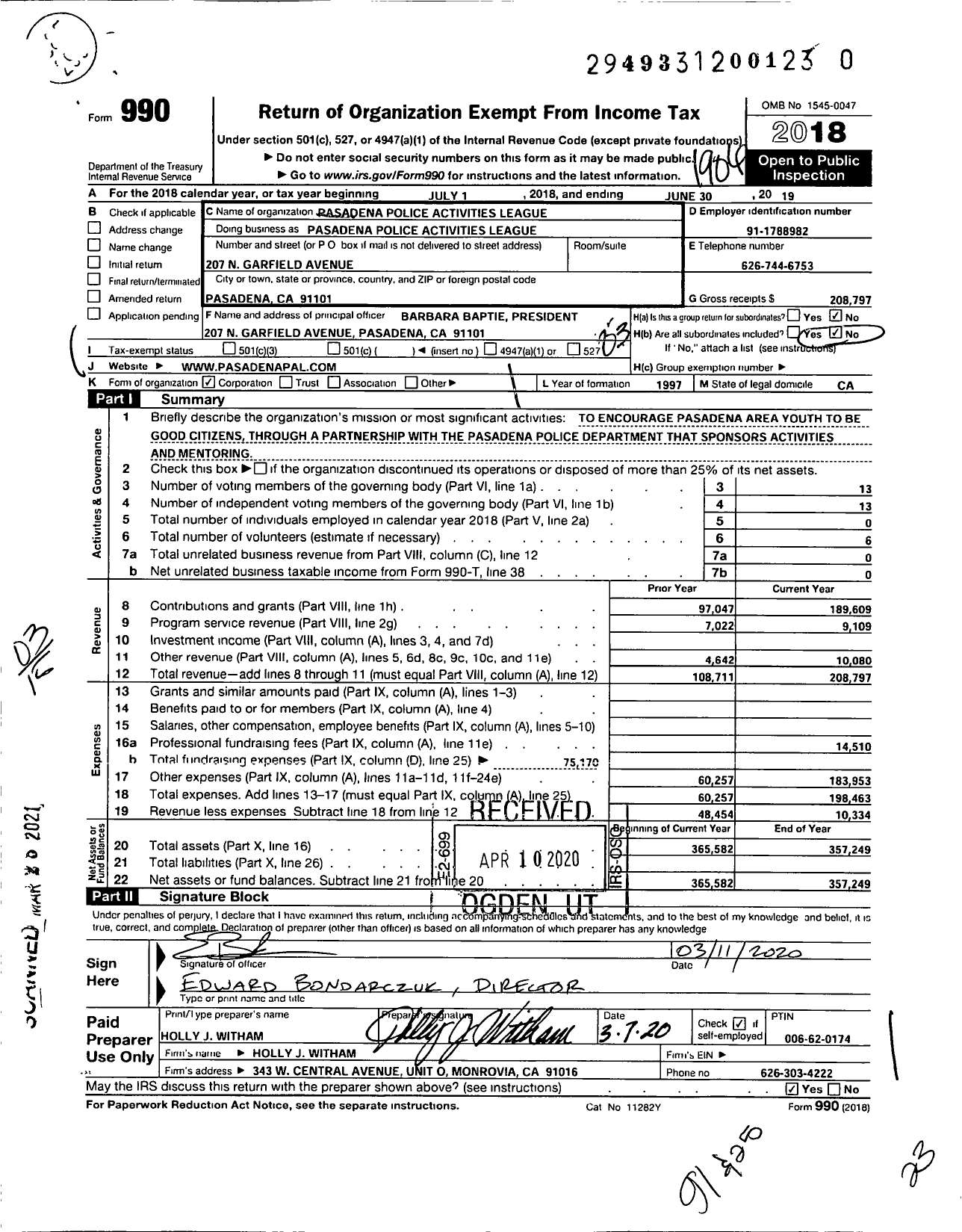 Image of first page of 2018 Form 990 for Pasadena Police Activities League