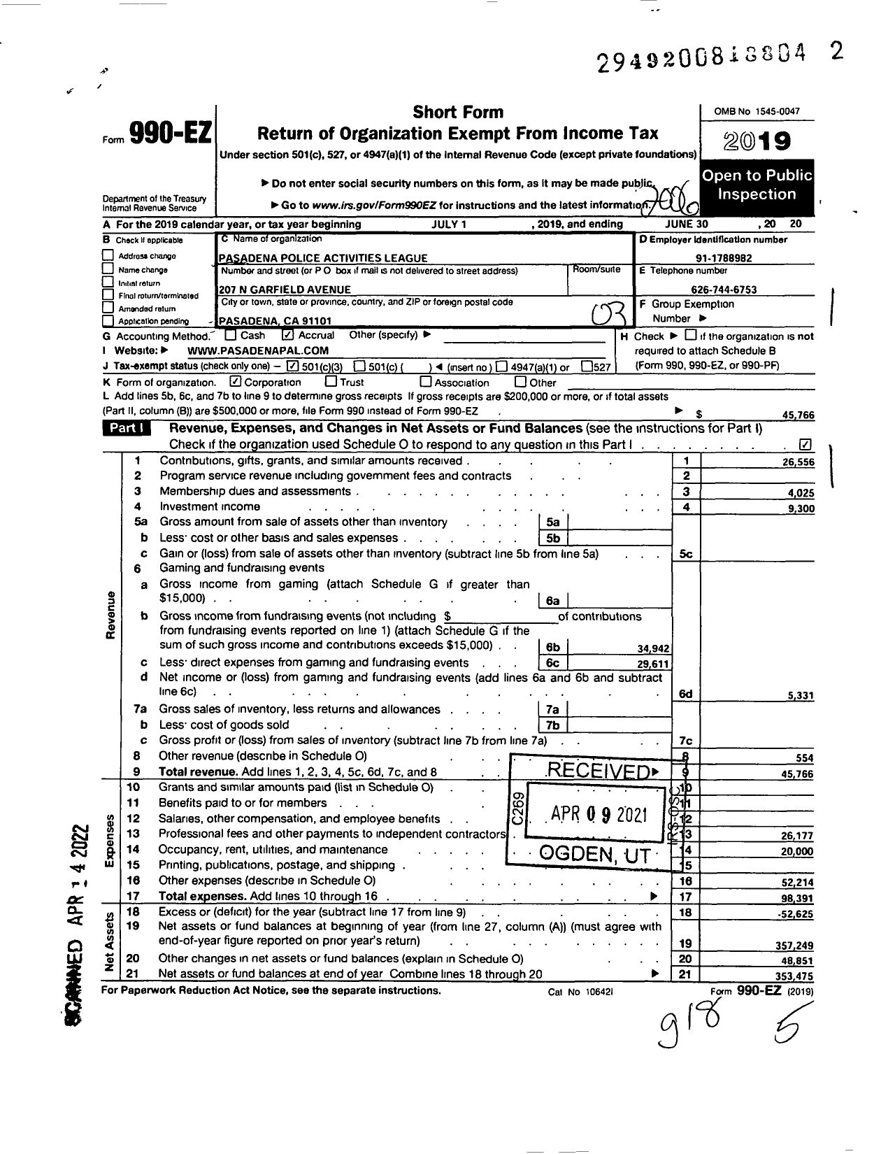 Image of first page of 2019 Form 990EZ for Pasadena Police Activities League