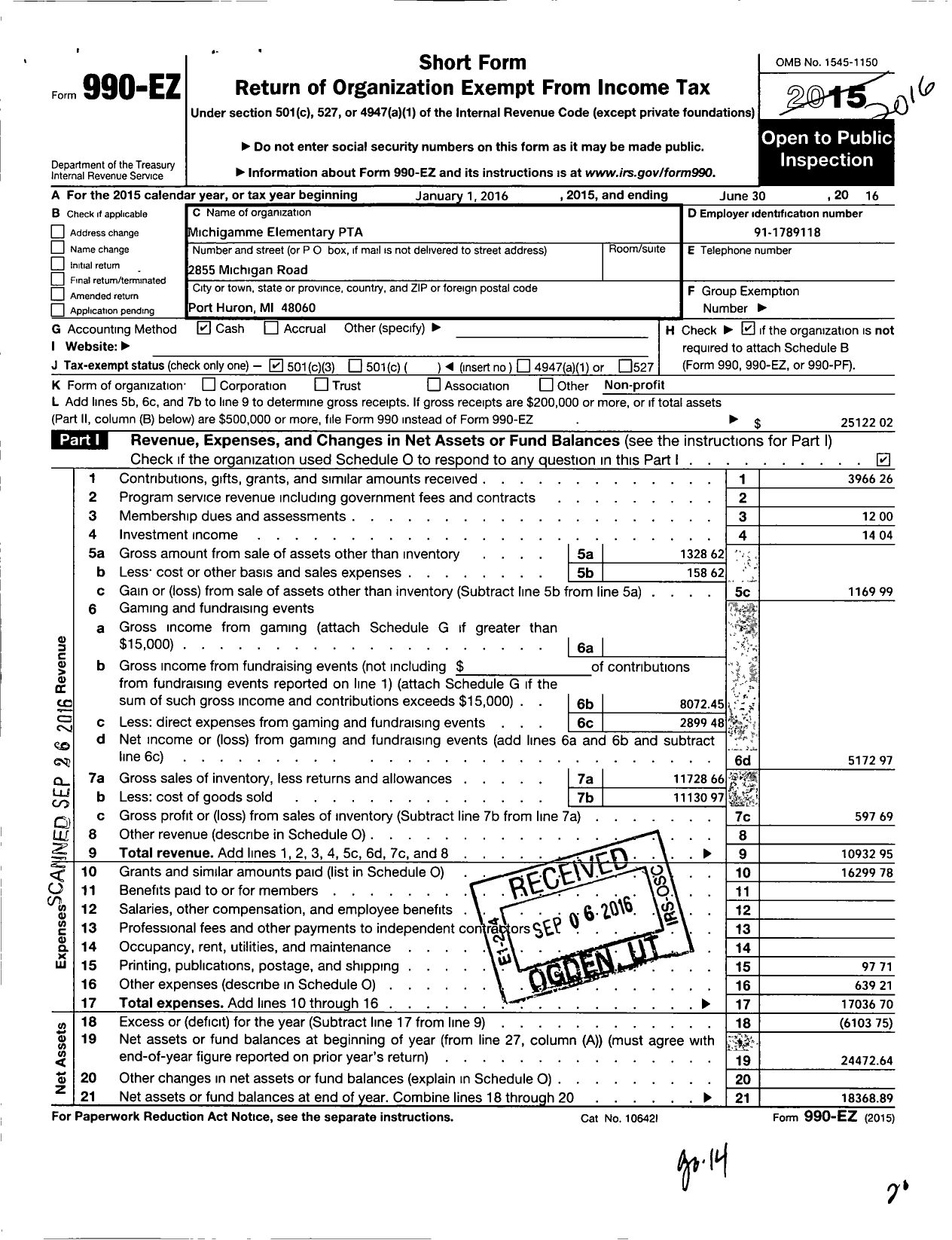 Image of first page of 2015 Form 990EZ for Ptsa Michigan Congress of Parents Teachers and Students / Michigamme Elementary PTA