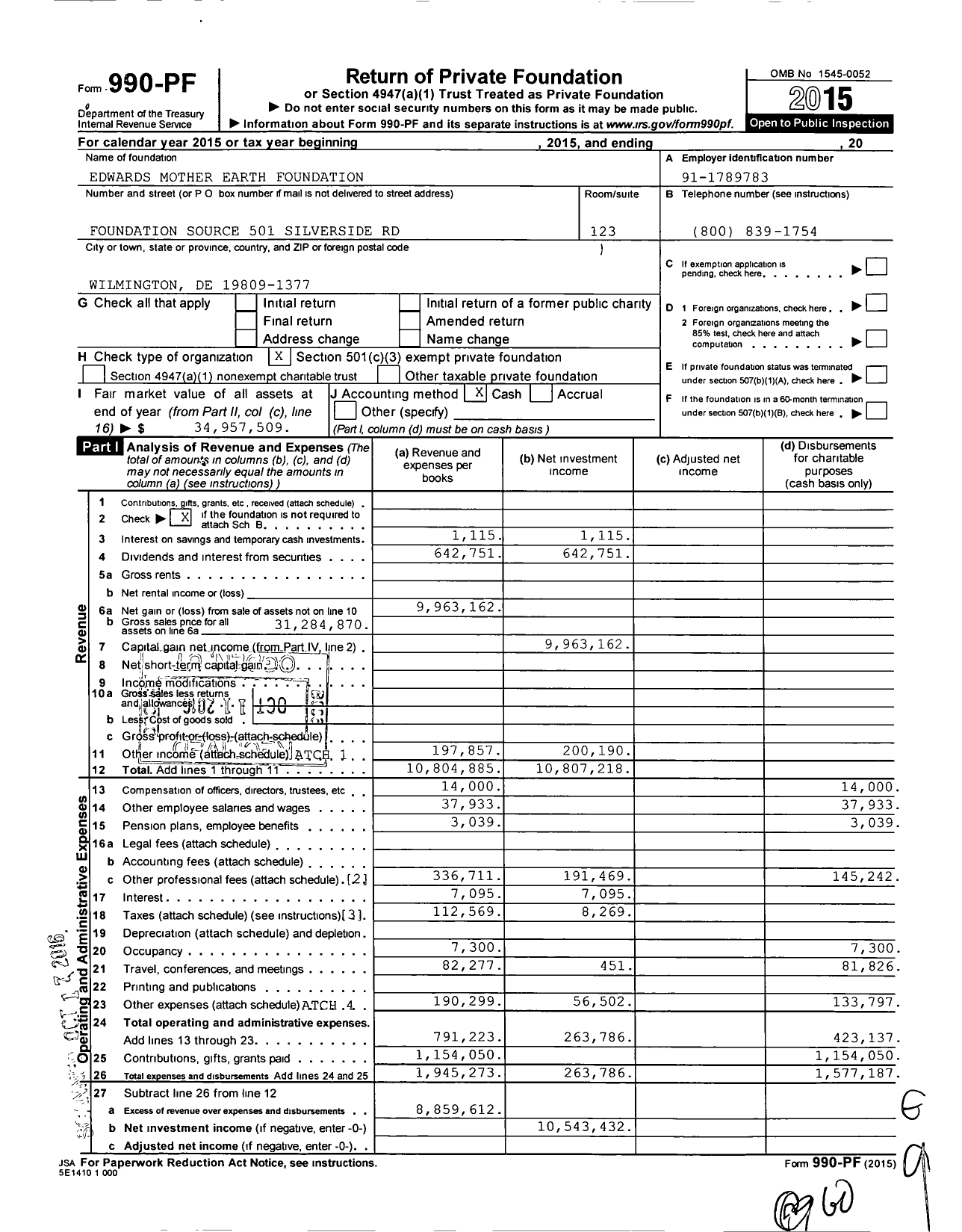 Image of first page of 2015 Form 990PF for Edwards Mother Earth Foundation