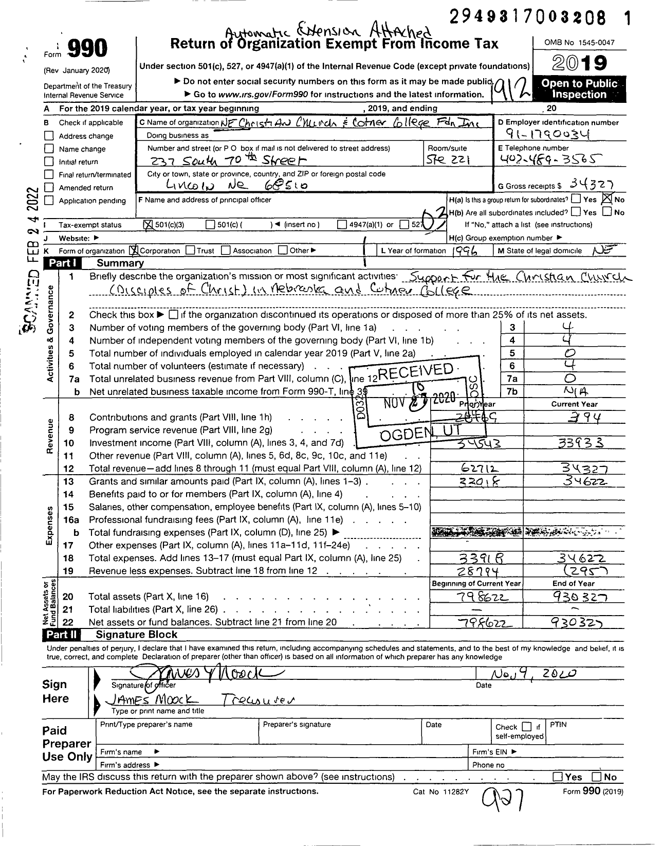 Image of first page of 2019 Form 990 for Ne Christian Church and Cotner College Foundation