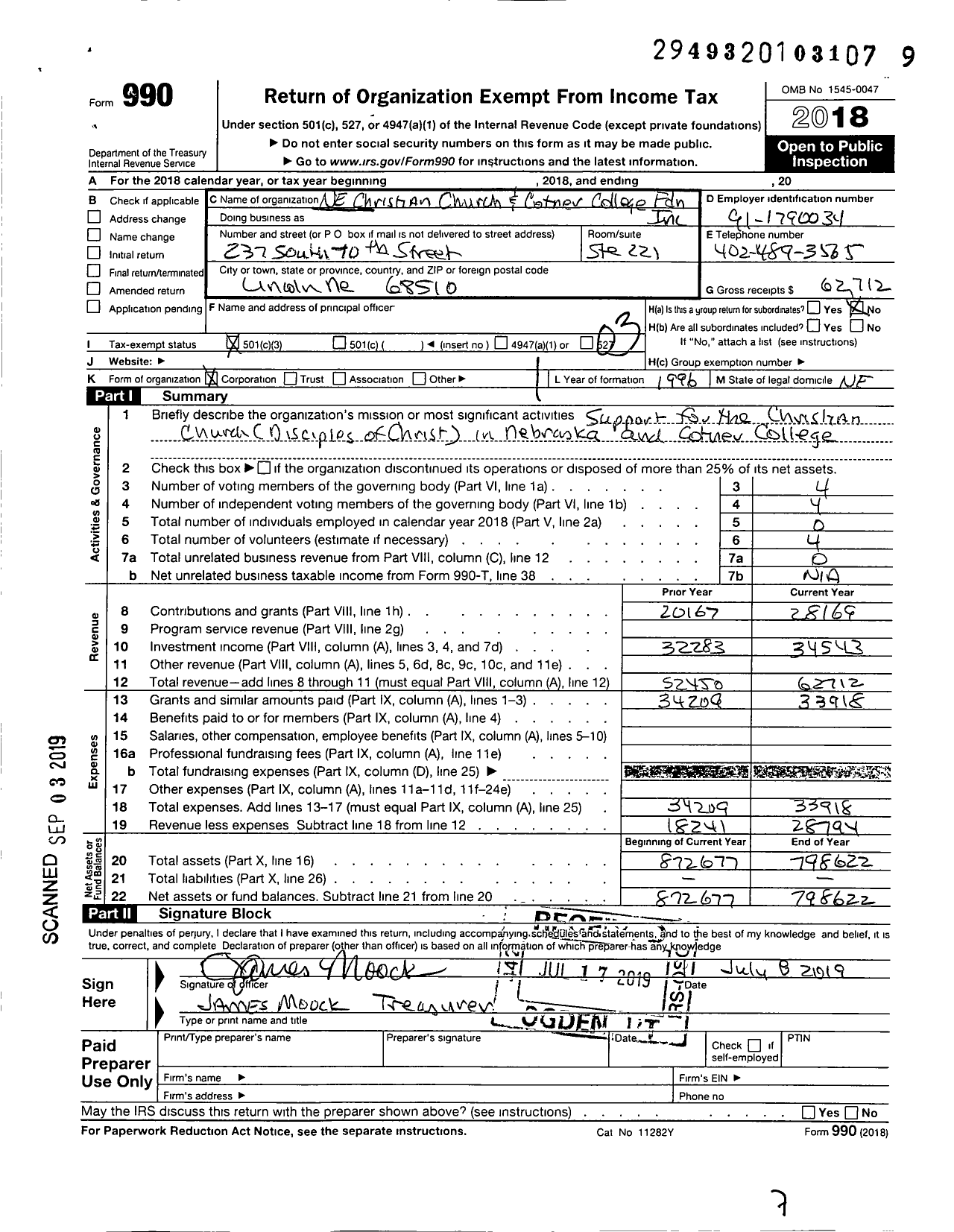 Image of first page of 2018 Form 990 for Ne Christian Church and Cotner College Foundation