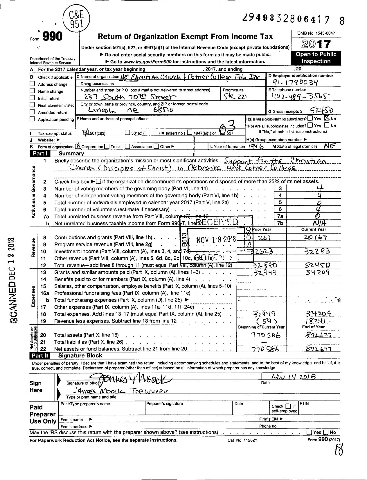 Image of first page of 2017 Form 990 for Ne Christian Church and Cotner College Foundation