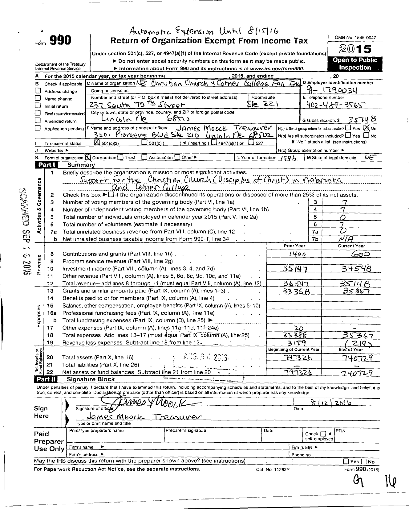 Image of first page of 2015 Form 990 for Ne Christian Church and Cotner College Foundation