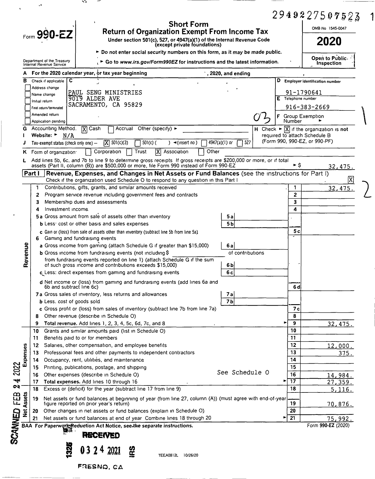 Image of first page of 2020 Form 990EZ for Paul Seng Ministries