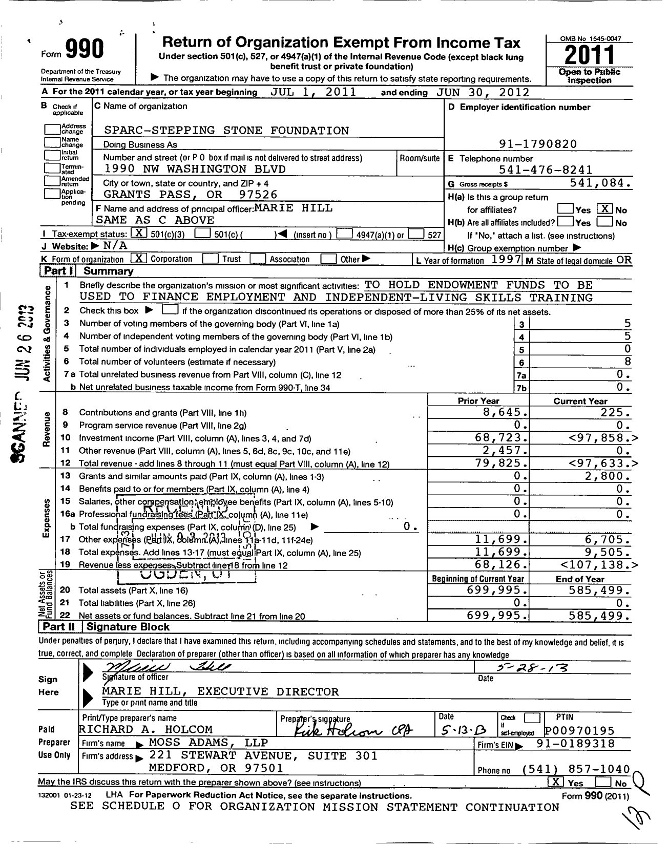 Image of first page of 2011 Form 990 for Southern Oregon Aspire Foundation