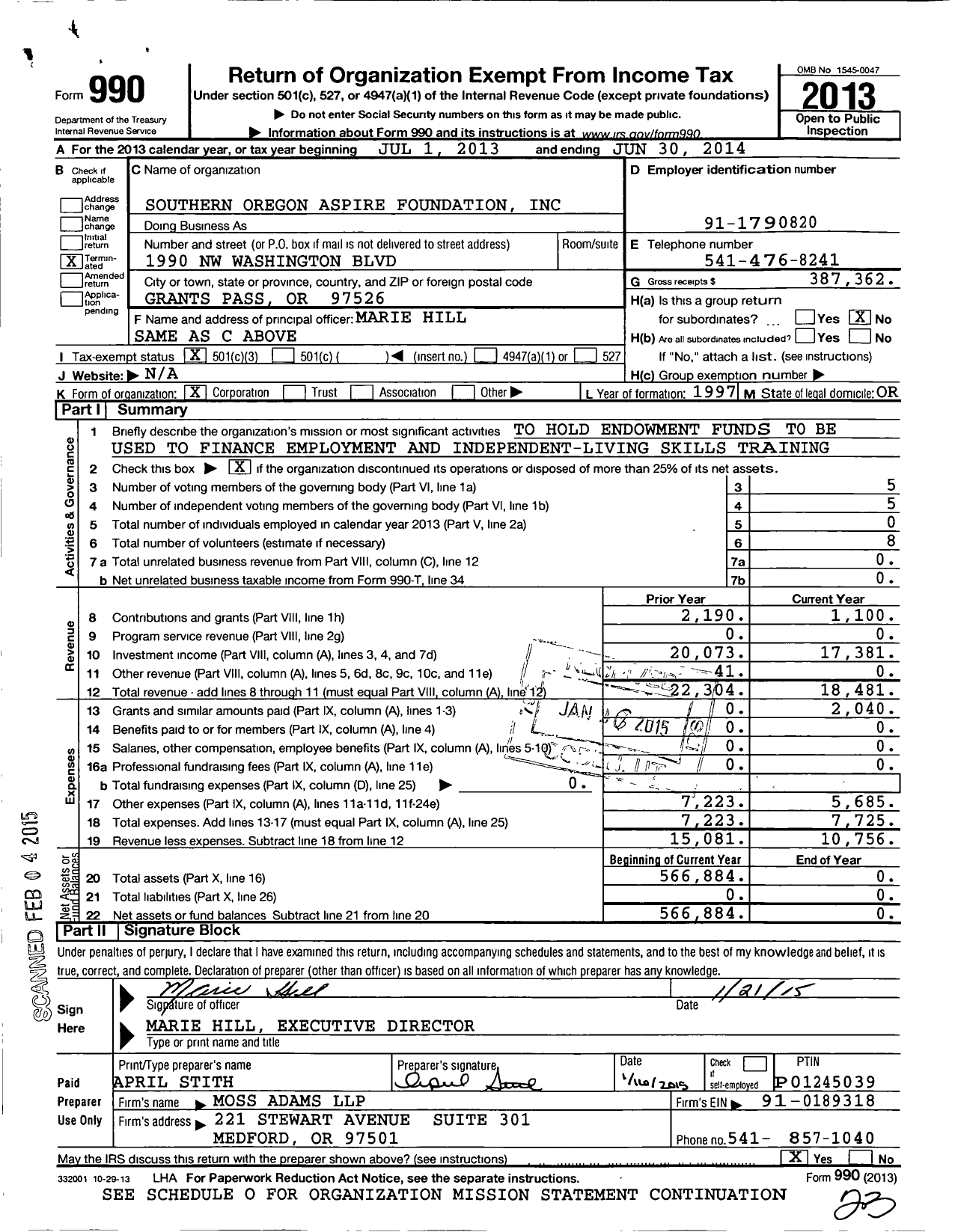 Image of first page of 2013 Form 990 for Southern Oregon Aspire Foundation