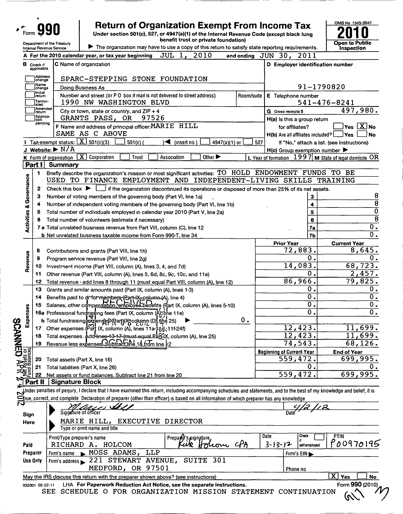 Image of first page of 2010 Form 990 for Southern Oregon Aspire Foundation