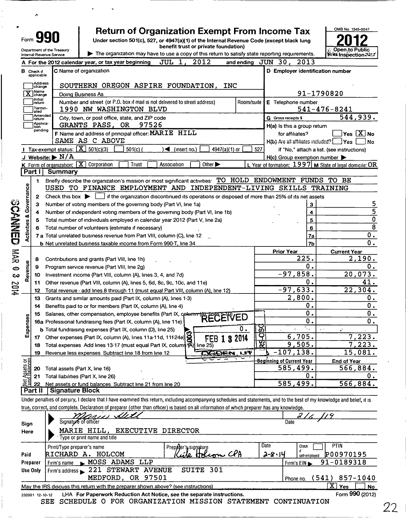 Image of first page of 2012 Form 990 for Southern Oregon Aspire Foundation