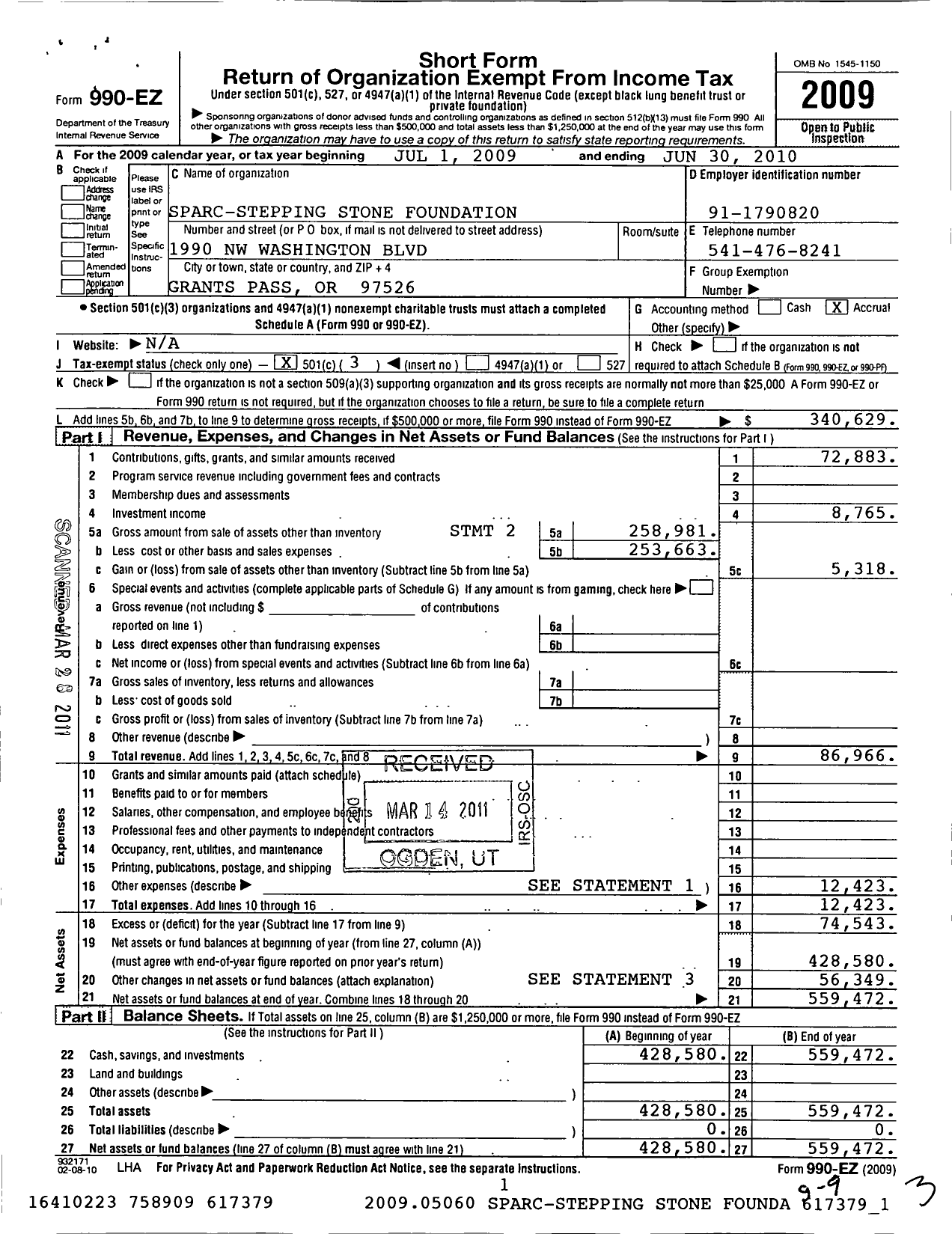 Image of first page of 2009 Form 990EZ for Southern Oregon Aspire Foundation