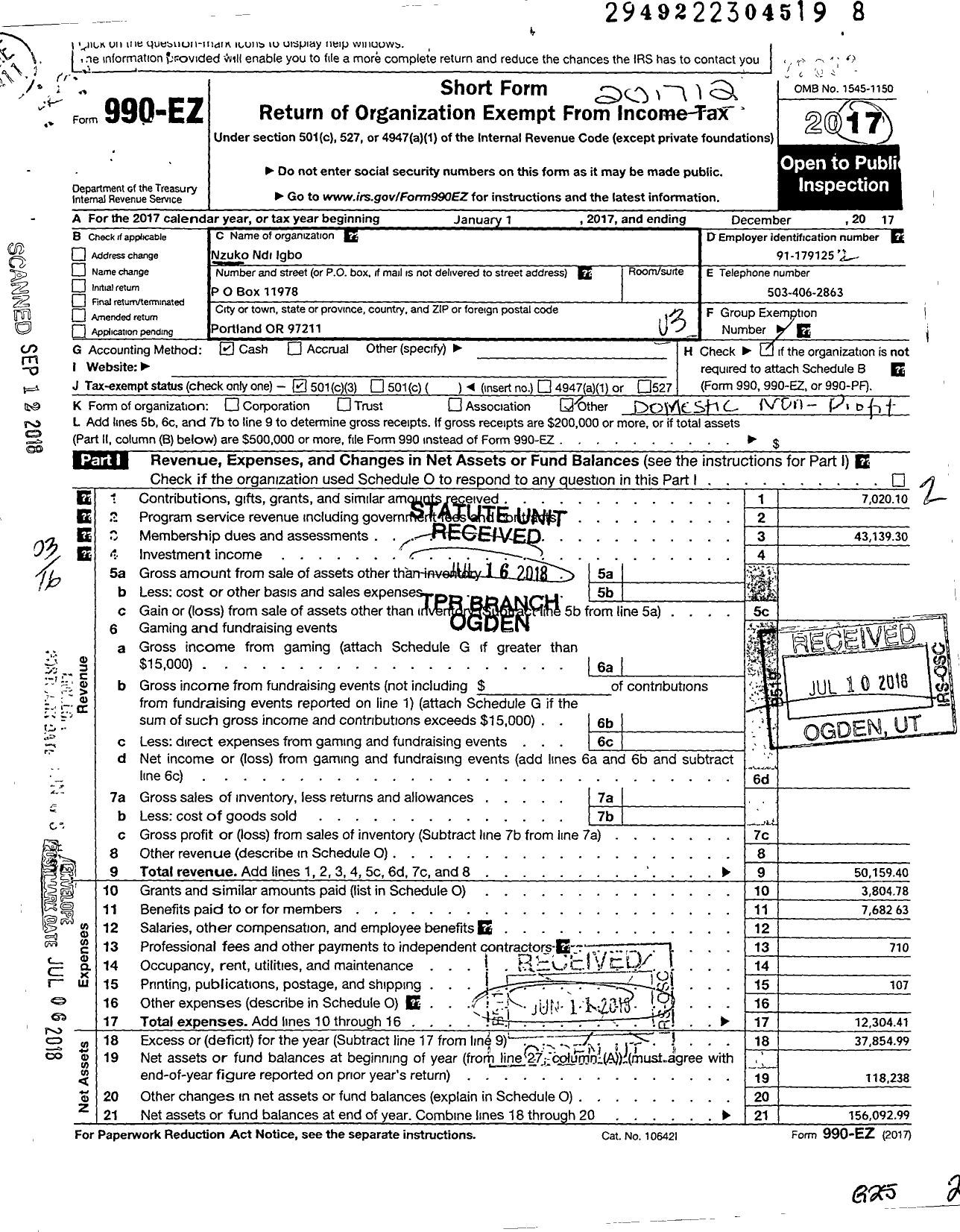 Image of first page of 2017 Form 990EZ for Nzuko Ndi Igbo (NNI)