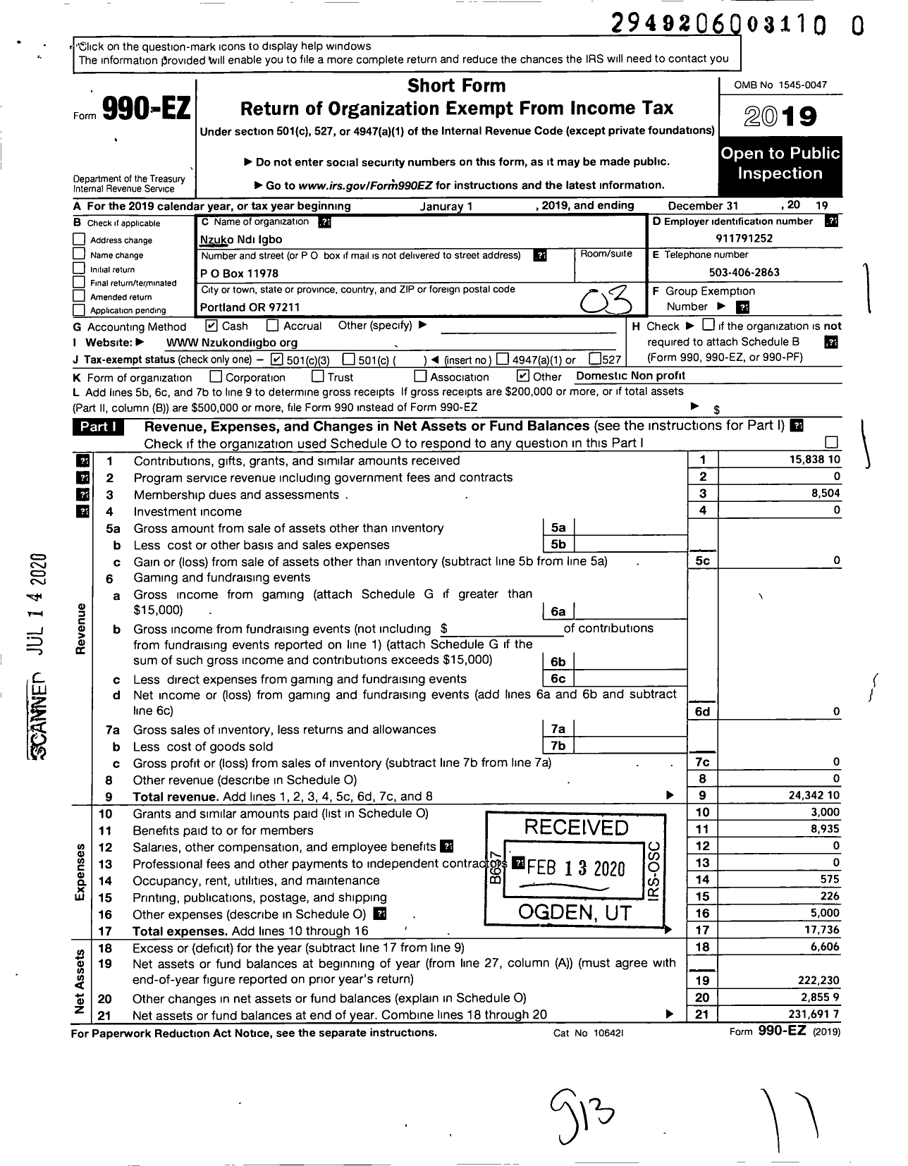 Image of first page of 2019 Form 990EZ for Nzuko Ndi Igbo (NNI)