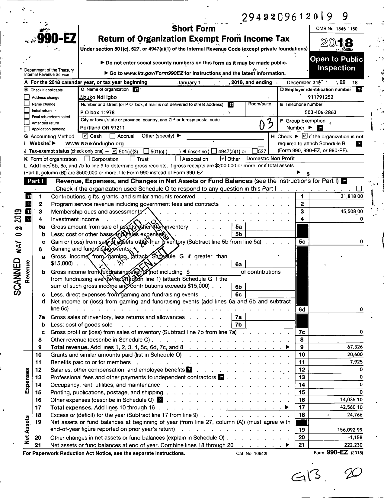 Image of first page of 2018 Form 990EZ for Nzuko Ndi Igbo (NNI)