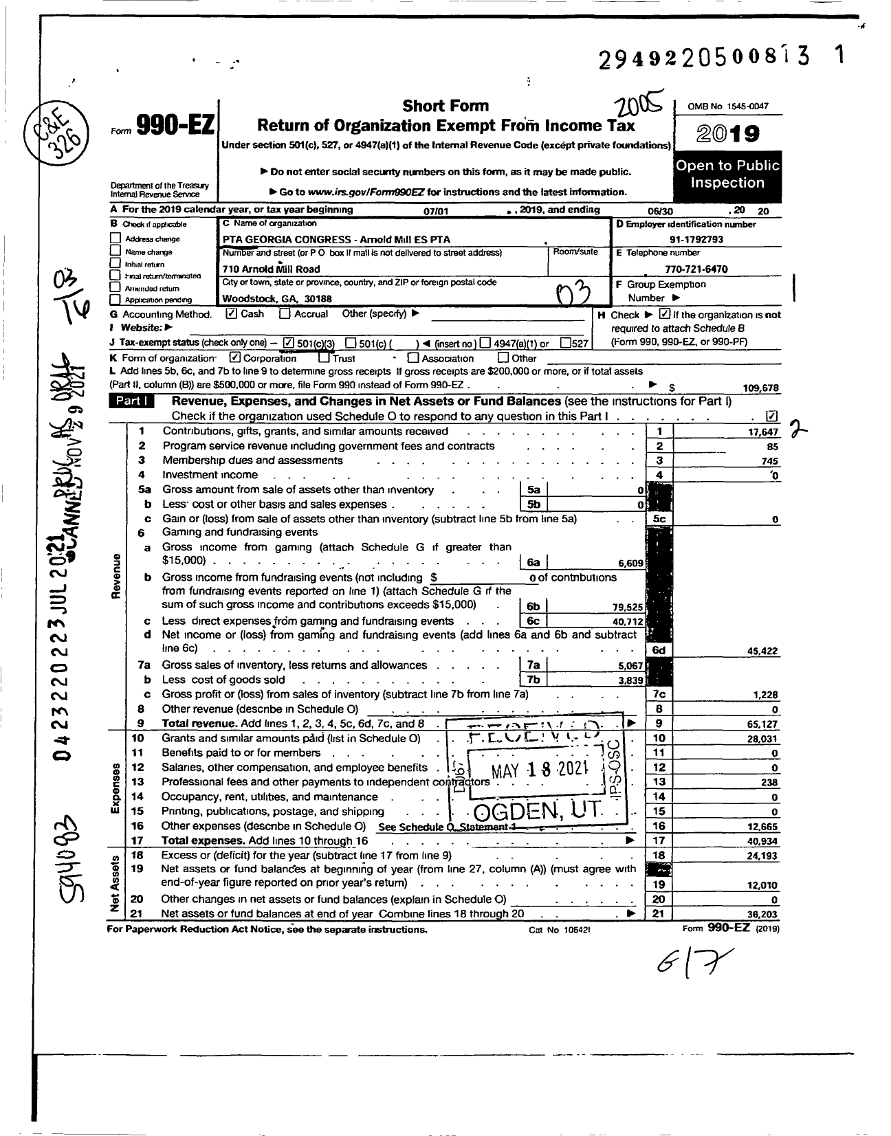 Image of first page of 2019 Form 990EZ for GEORGIA PTA - Arnold Mill ES PTA